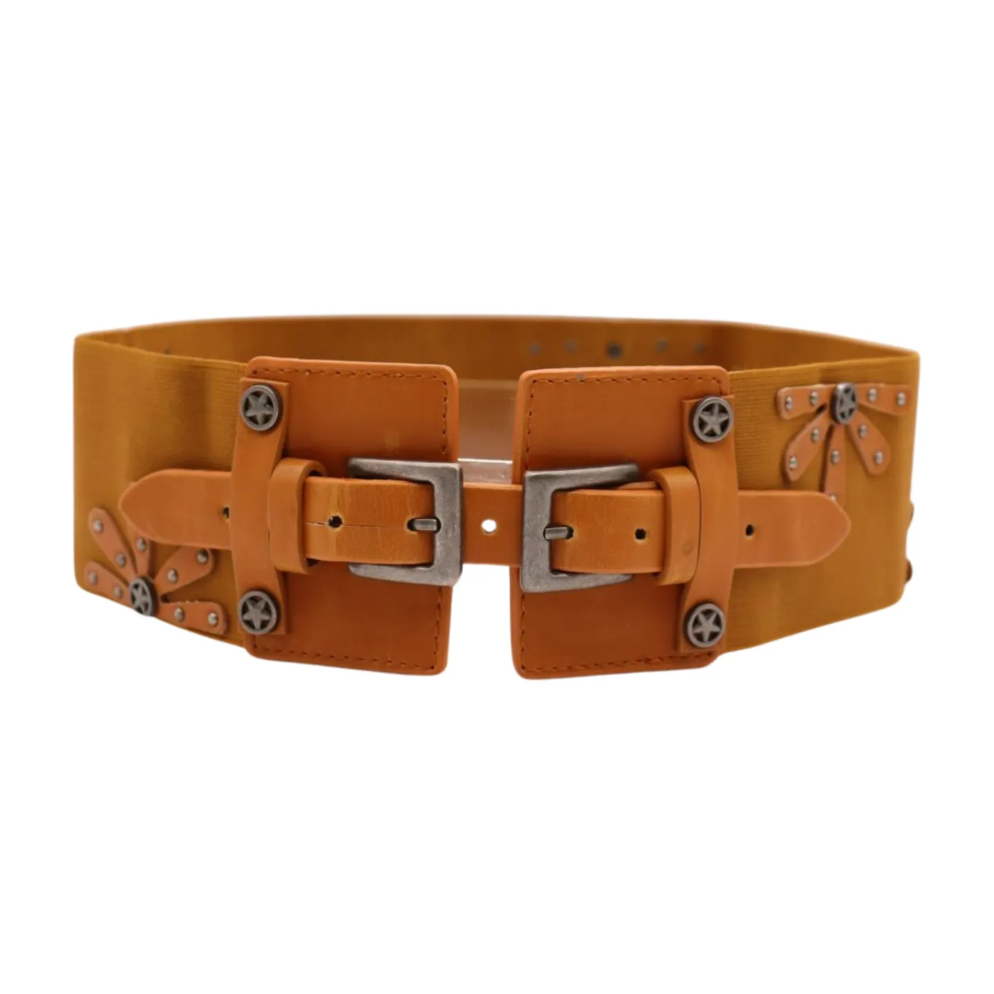 New Women Brown Elastic Wide Band Western Fashion Belt Texas Lone Star Flower Silver Metal Double Buckles S M