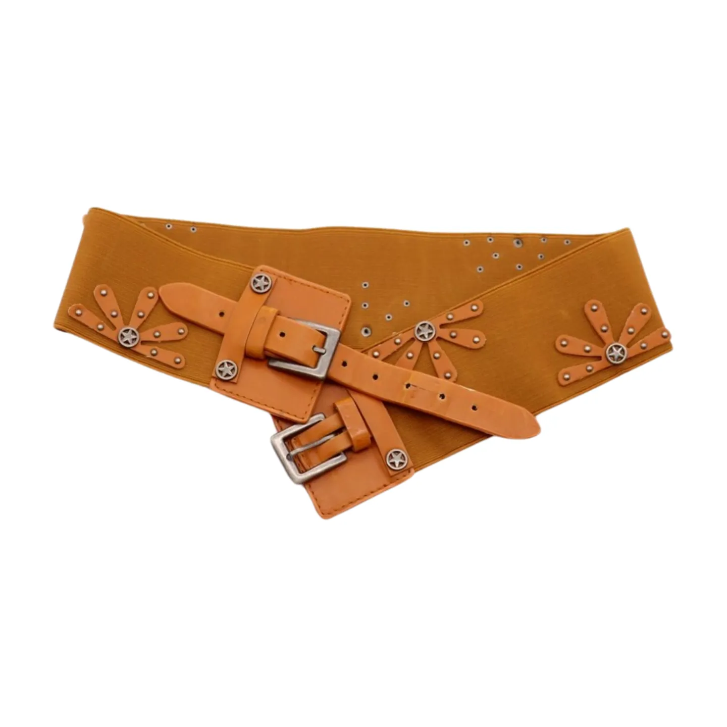 New Women Brown Elastic Wide Band Western Fashion Belt Texas Lone Star Flower Silver Metal Double Buckles S M