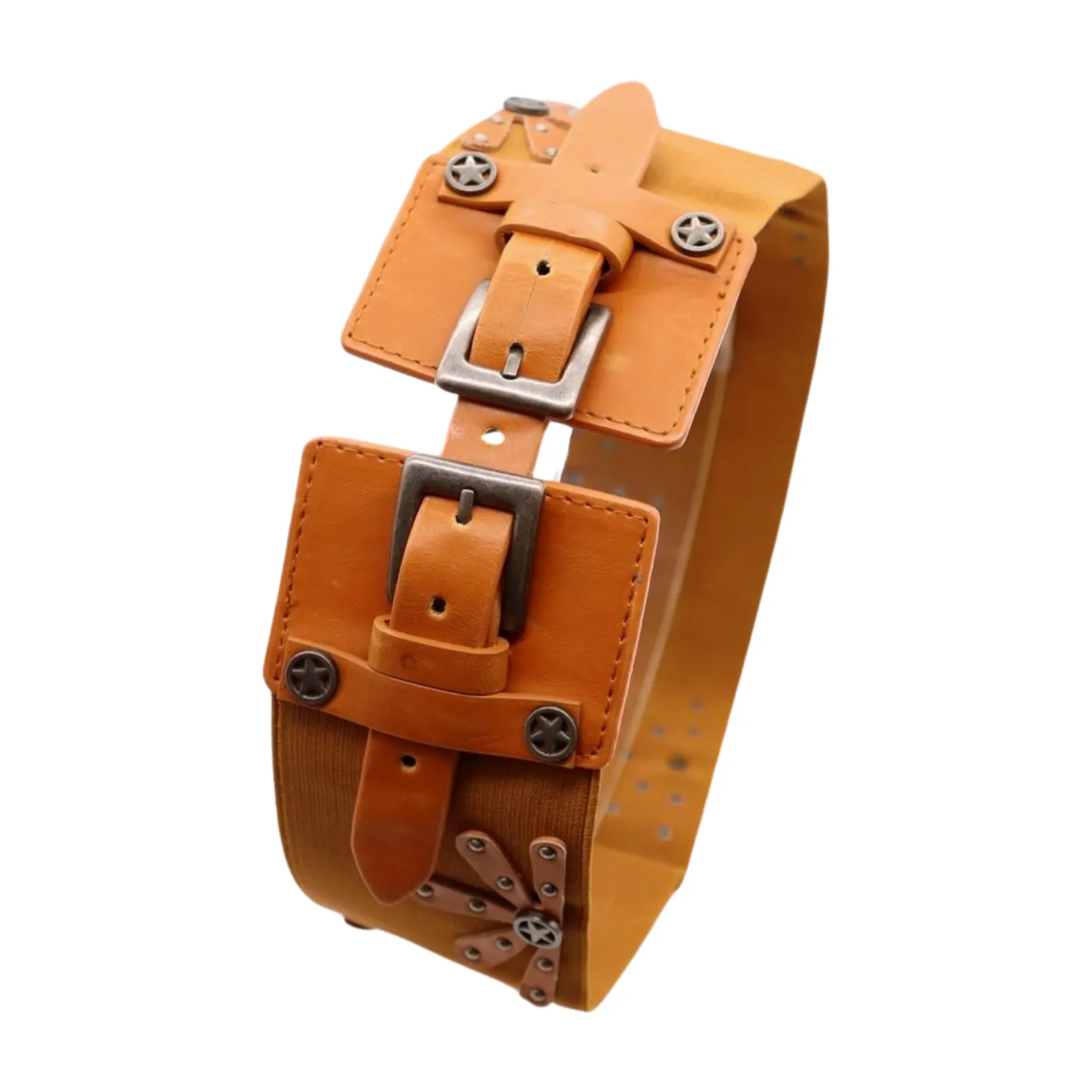 New Women Brown Elastic Wide Band Western Fashion Belt Texas Lone Star Flower Silver Metal Double Buckles S M