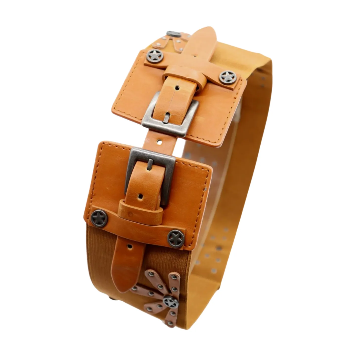 New Women Brown Elastic Wide Band Western Fashion Belt Texas Lone Star Flower Silver Metal Double Buckles S M