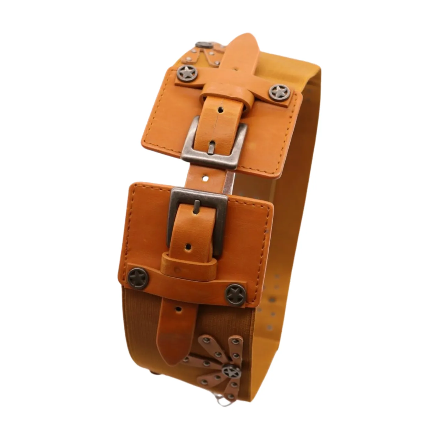 New Women Brown Elastic Wide Band Western Fashion Belt Texas Lone Star Flower Silver Metal Double Buckles S M
