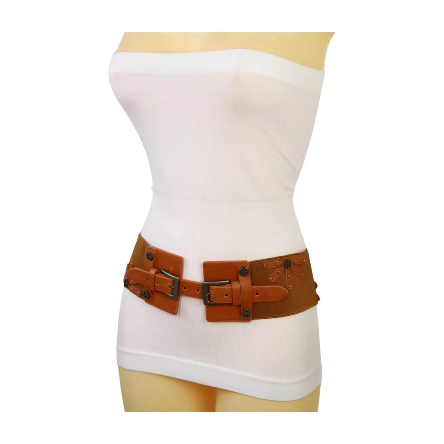 New Women Brown Elastic Wide Band Western Fashion Belt Texas Lone Star Flower Silver Metal Double Buckles S M