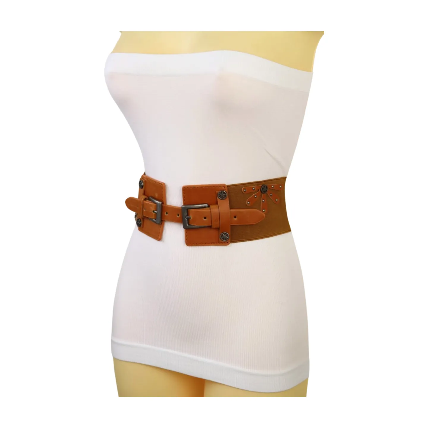 New Women Brown Elastic Wide Band Western Fashion Belt Texas Lone Star Flower Silver Metal Double Buckles S M