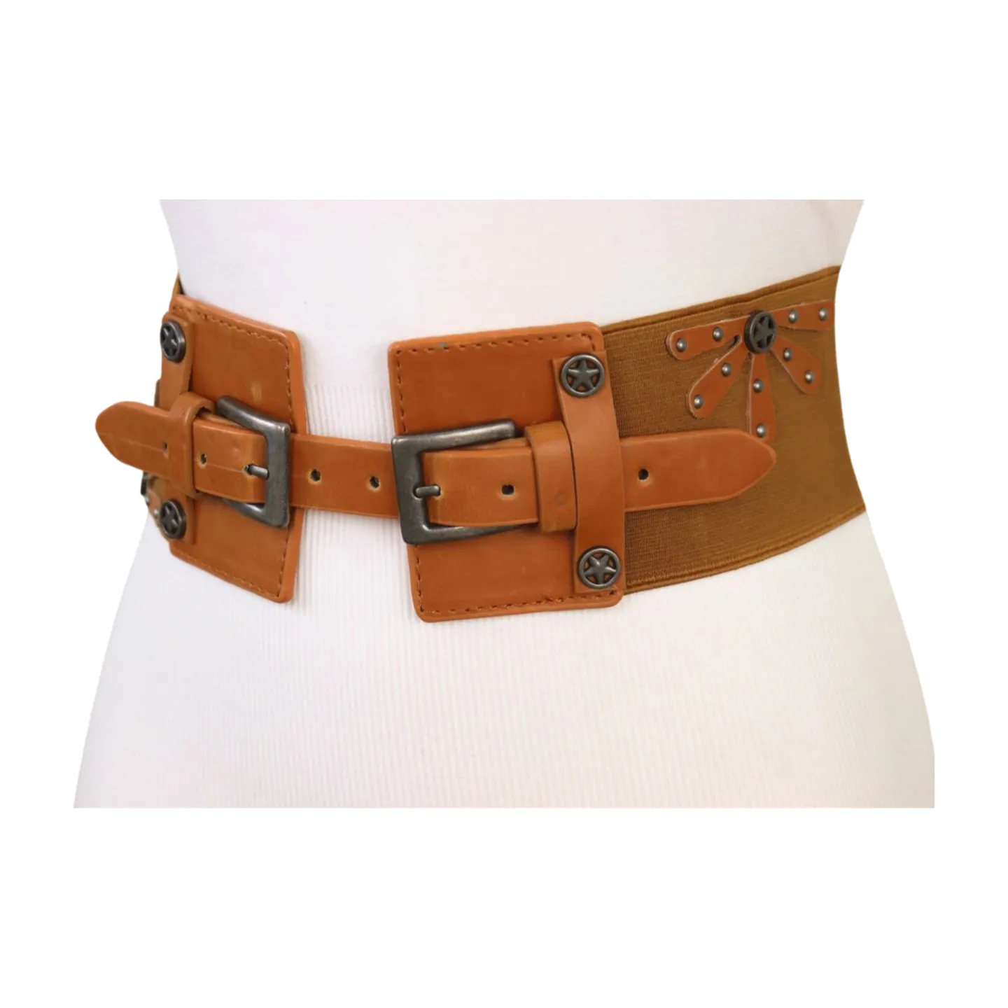 New Women Brown Elastic Wide Band Western Fashion Belt Texas Lone Star Flower Silver Metal Double Buckles S M