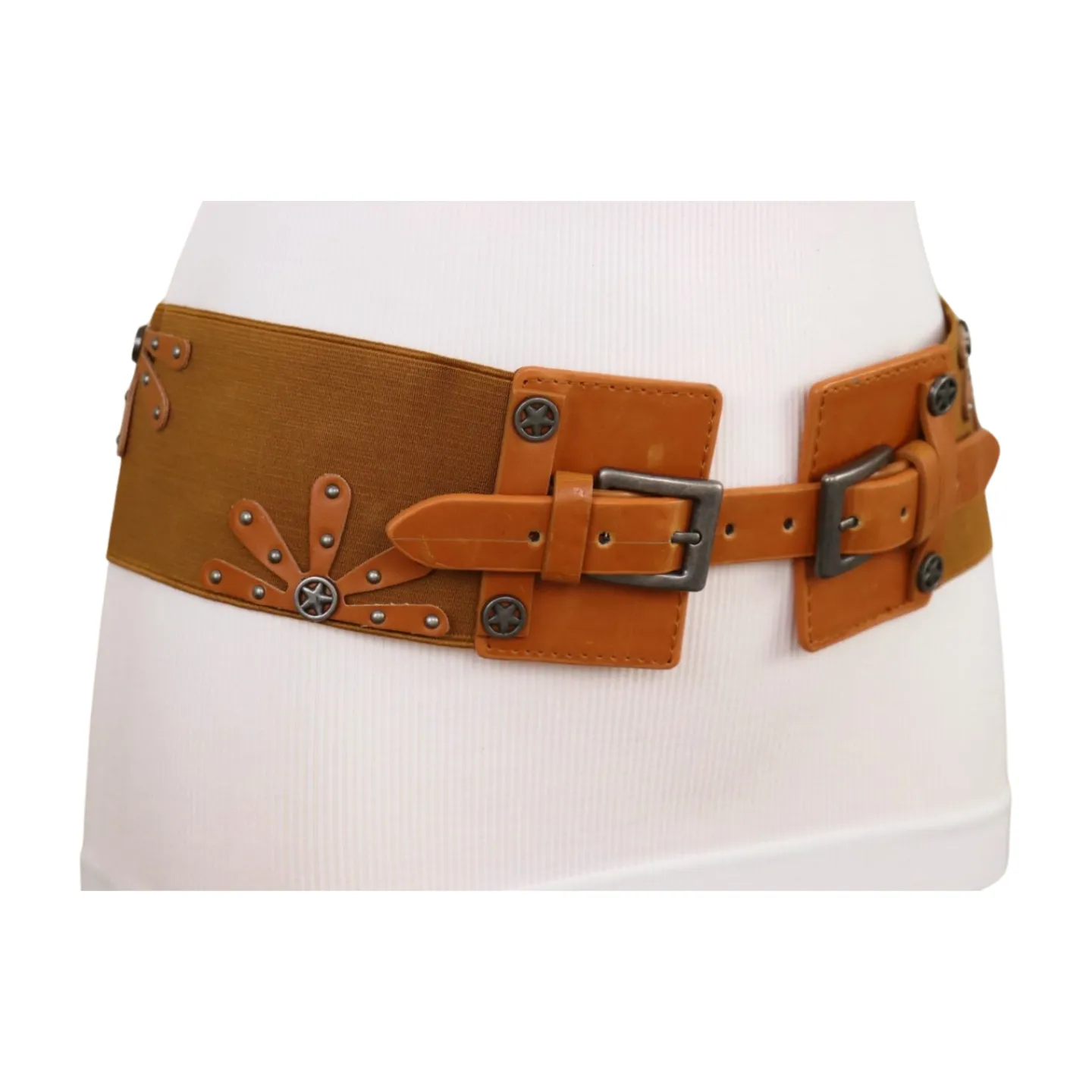 New Women Brown Elastic Wide Band Western Fashion Belt Texas Lone Star Flower Silver Metal Double Buckles S M