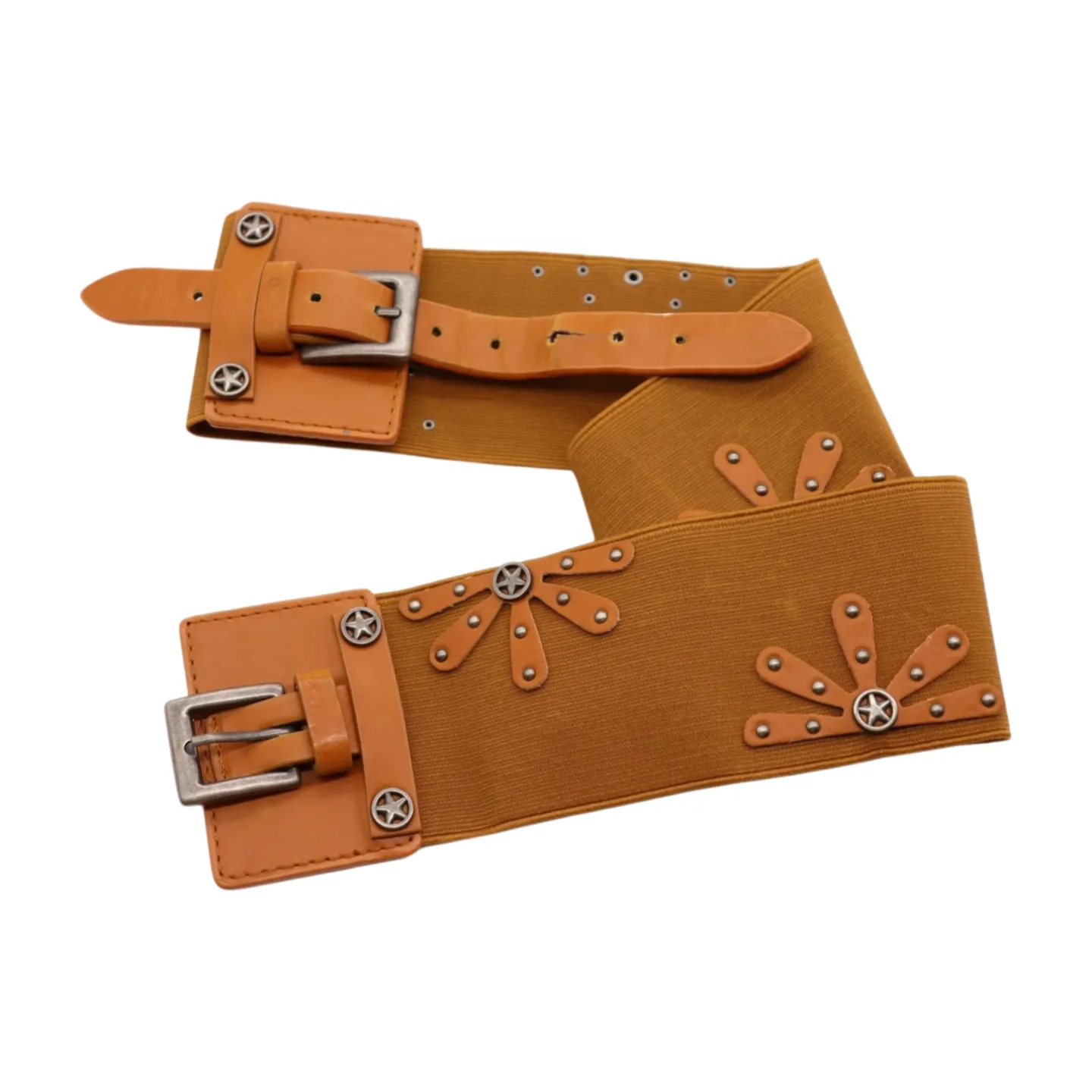 New Women Brown Elastic Wide Band Western Fashion Belt Texas Lone Star Flower Silver Metal Double Buckles S M