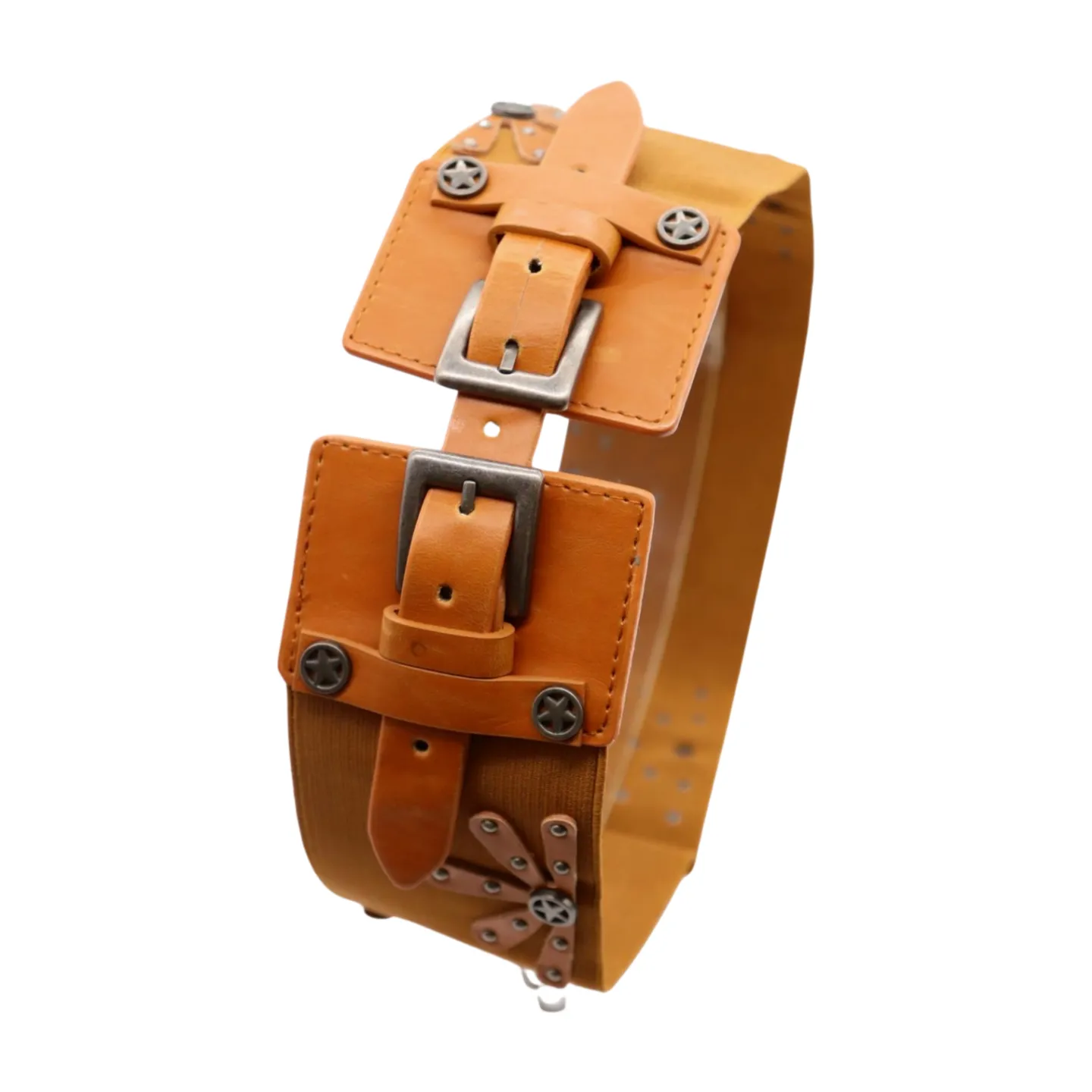 New Women Brown Elastic Wide Band Western Fashion Belt Texas Lone Star Flower Silver Metal Double Buckles S M