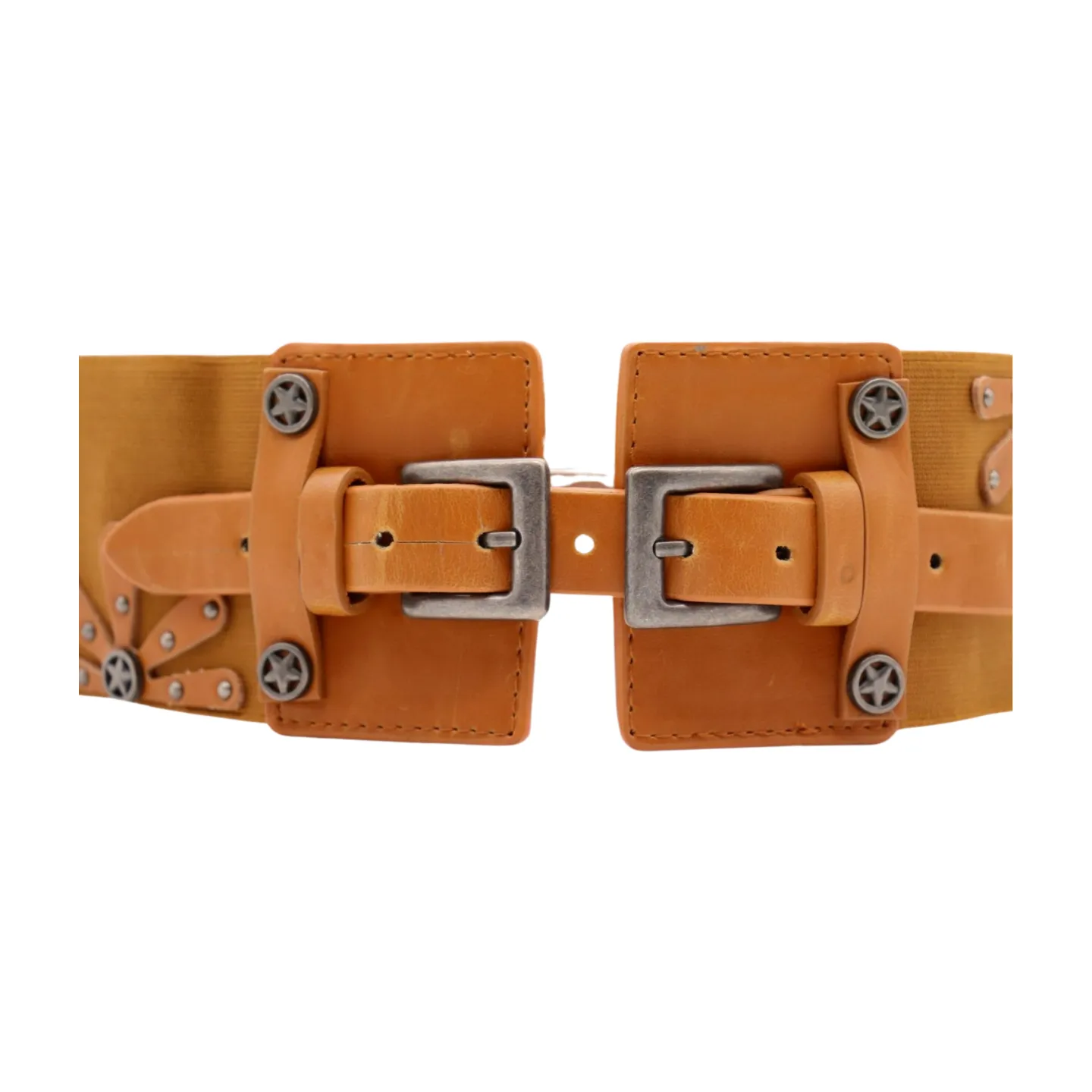 New Women Brown Elastic Wide Band Western Fashion Belt Texas Lone Star Flower Silver Metal Double Buckles S M