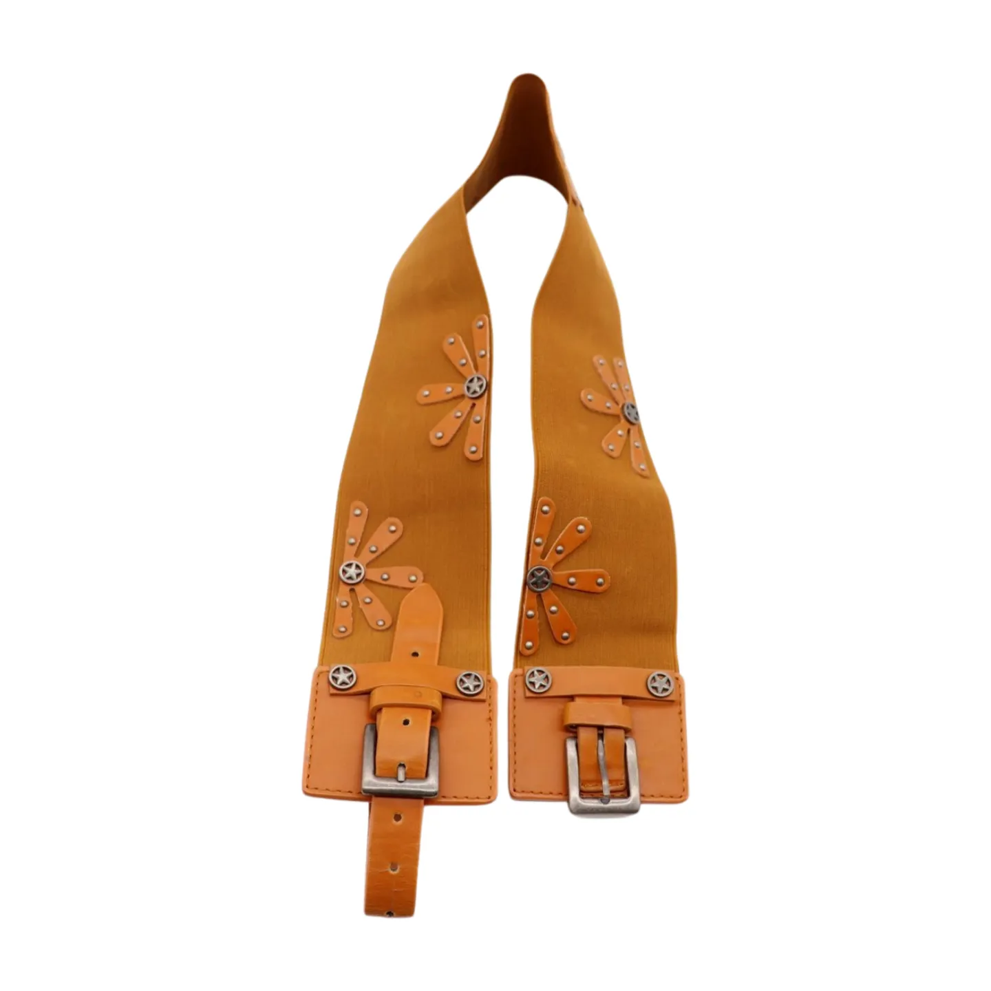 New Women Brown Elastic Wide Band Western Fashion Belt Texas Lone Star Flower Silver Metal Double Buckles S M