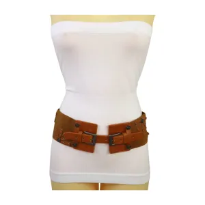 New Women Brown Elastic Wide Band Western Fashion Belt Texas Lone Star Flower Silver Metal Double Buckles S M