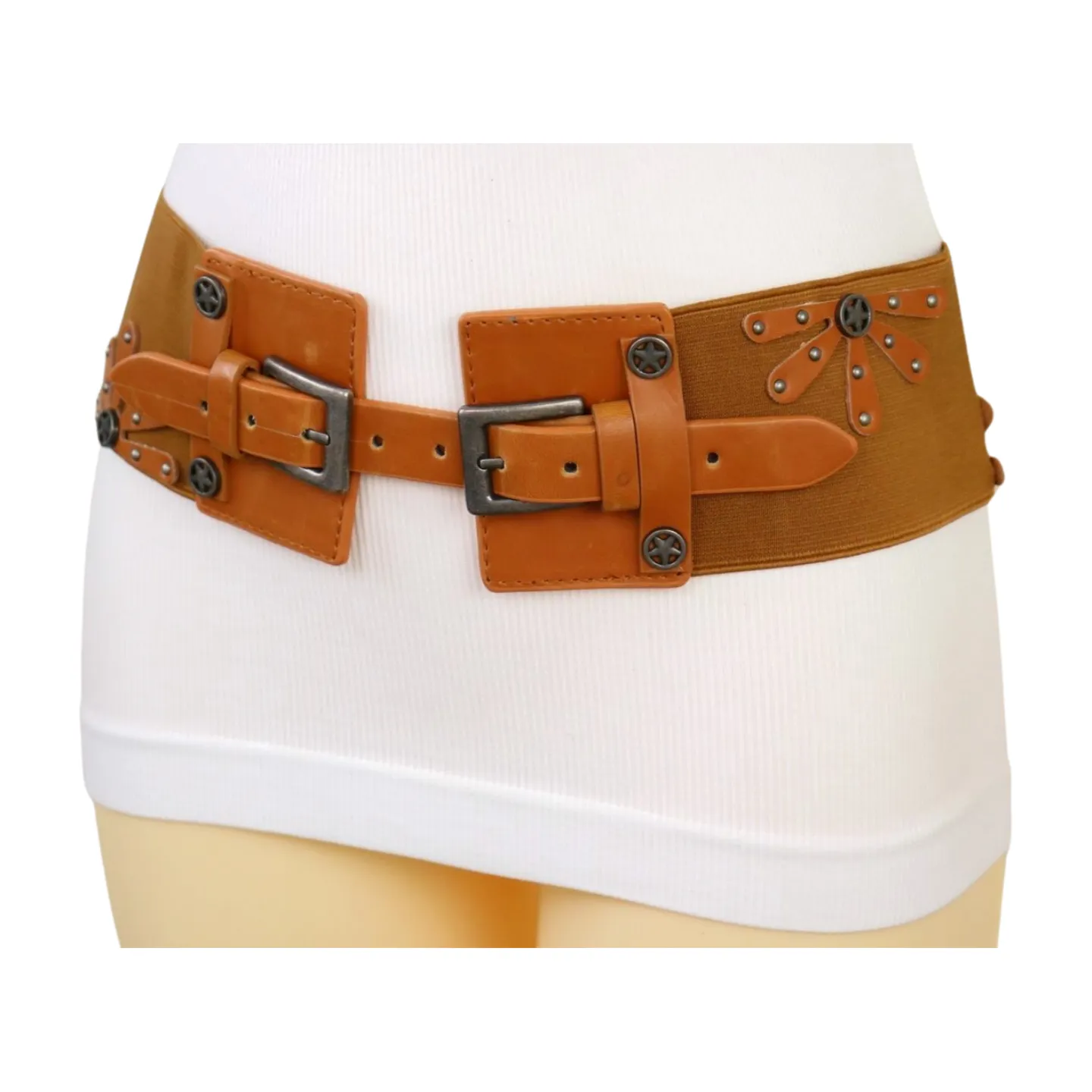 New Women Brown Elastic Wide Band Western Fashion Belt Texas Lone Star Flower Silver Metal Double Buckles S M