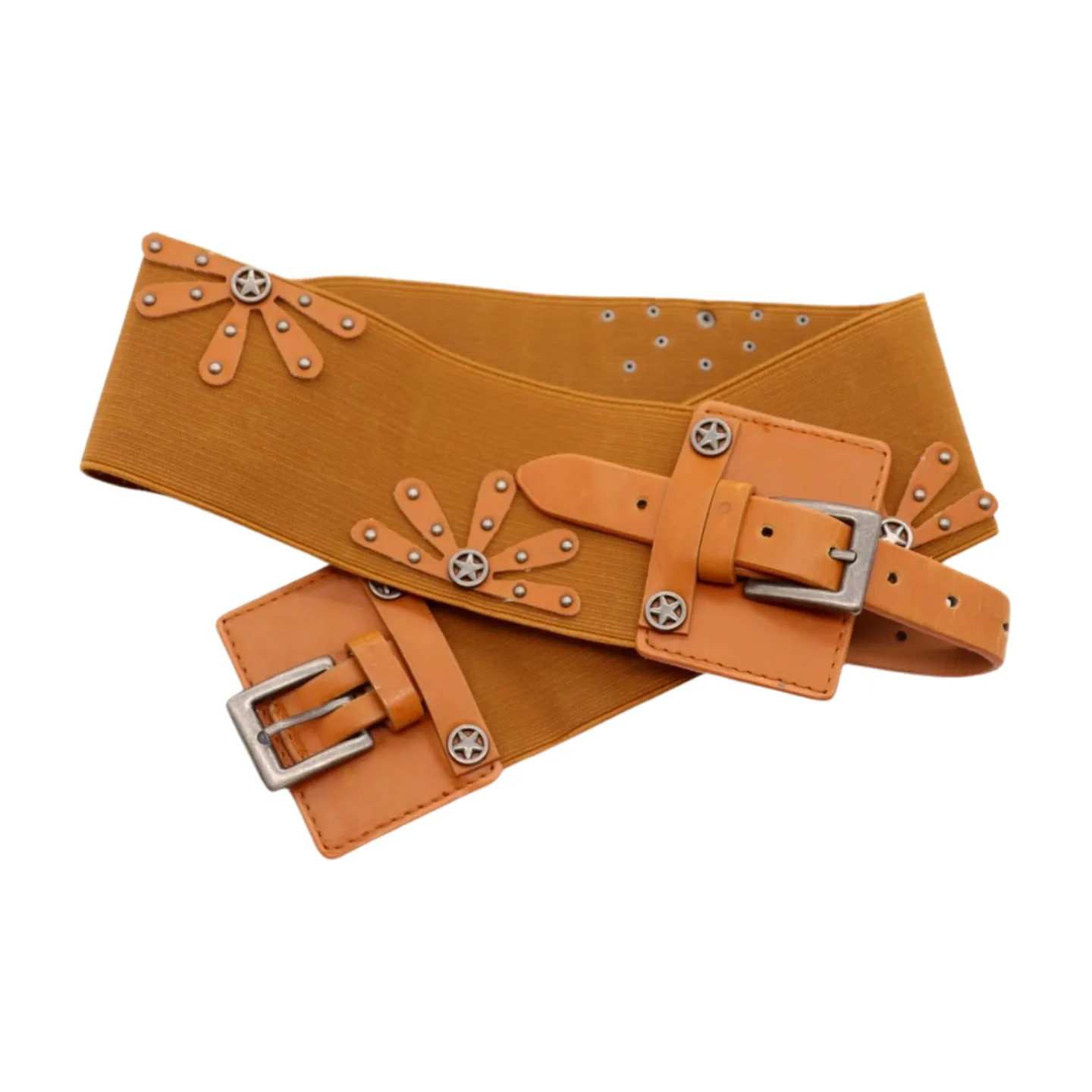 New Women Brown Elastic Wide Band Western Fashion Belt Texas Lone Star Flower Silver Metal Double Buckles S M