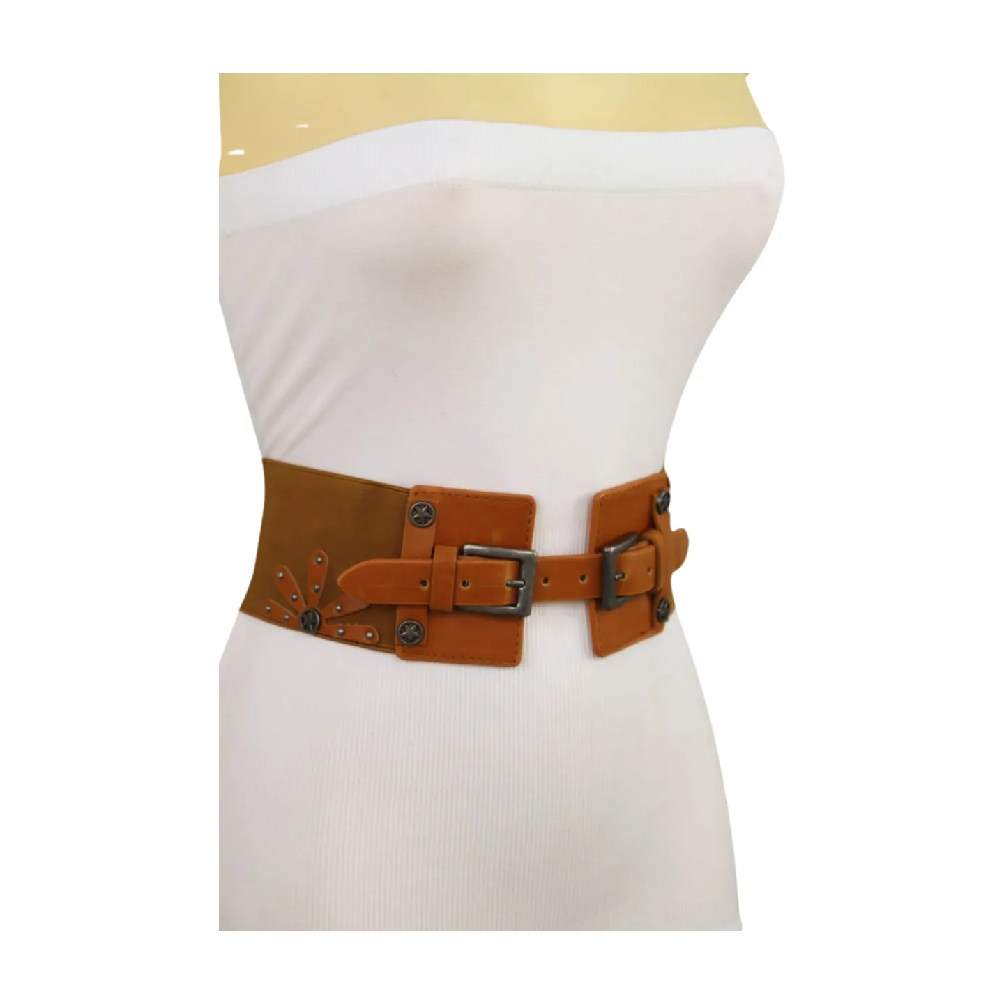 New Women Brown Elastic Wide Band Western Fashion Belt Texas Lone Star Flower Silver Metal Double Buckles S M