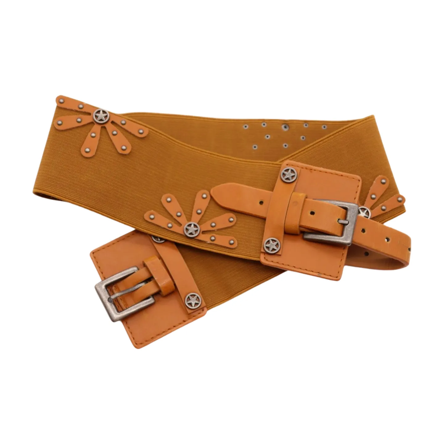 New Women Brown Elastic Wide Band Western Fashion Belt Texas Lone Star Flower Silver Metal Double Buckles S M