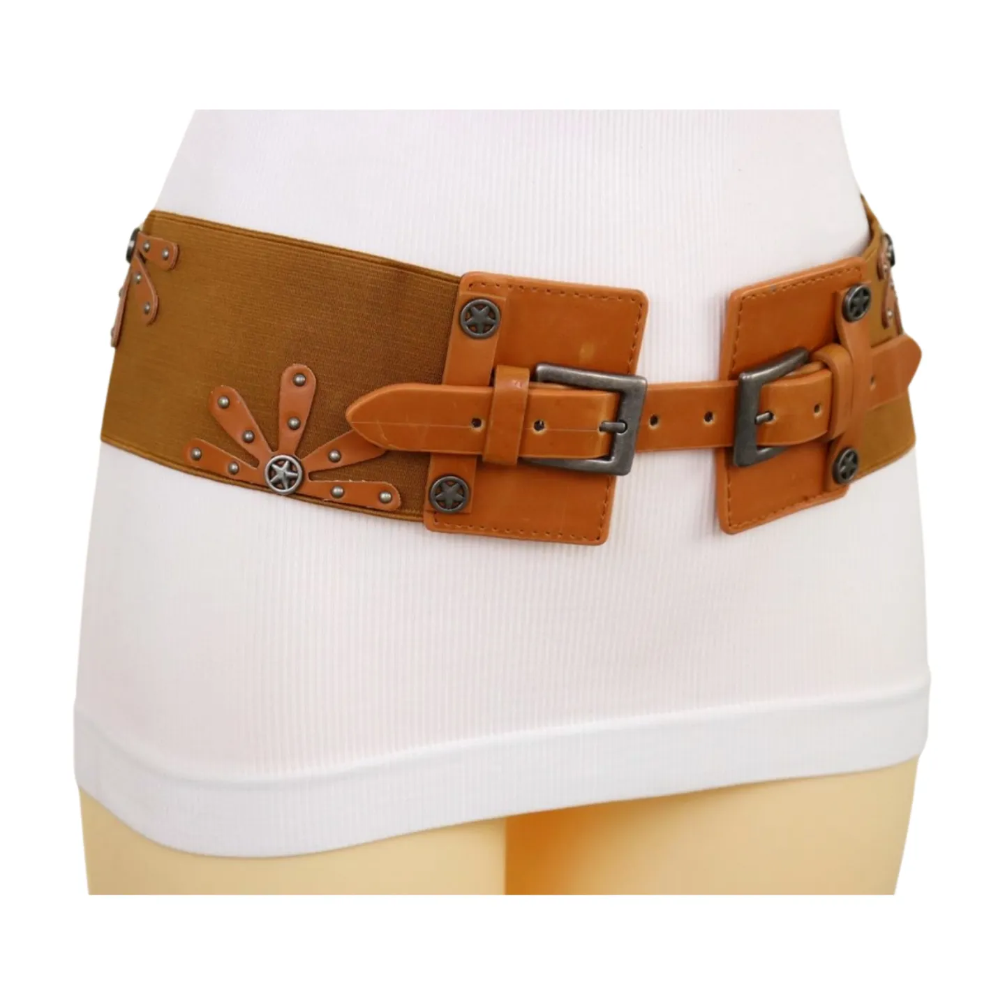 New Women Brown Elastic Wide Band Western Fashion Belt Texas Lone Star Flower Silver Metal Double Buckles S M