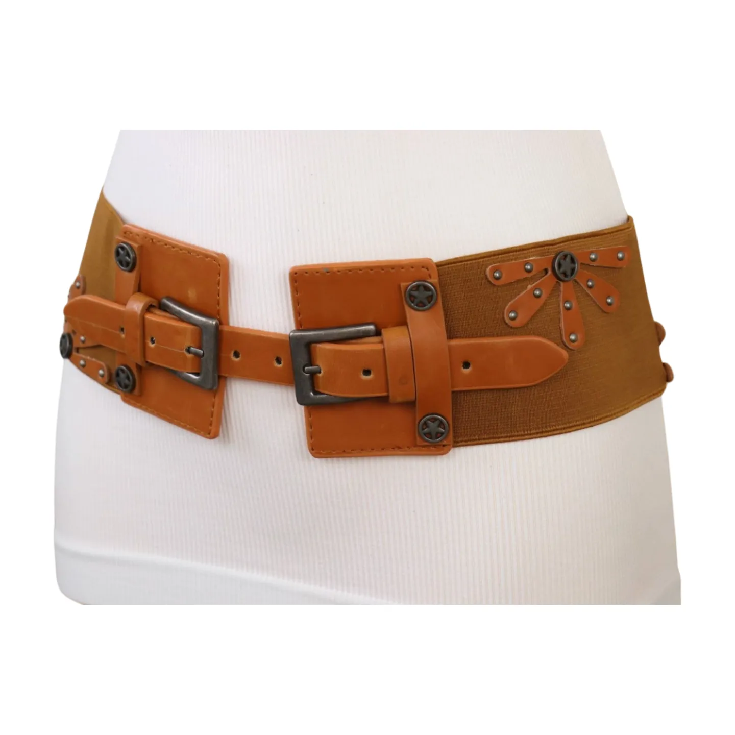 New Women Brown Elastic Wide Band Western Fashion Belt Texas Lone Star Flower Silver Metal Double Buckles S M