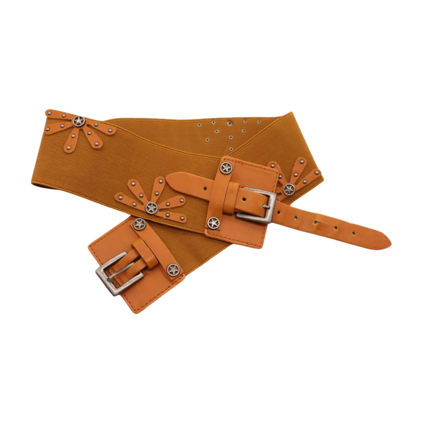 New Women Brown Elastic Wide Band Western Fashion Belt Texas Lone Star Flower Silver Metal Double Buckles S M