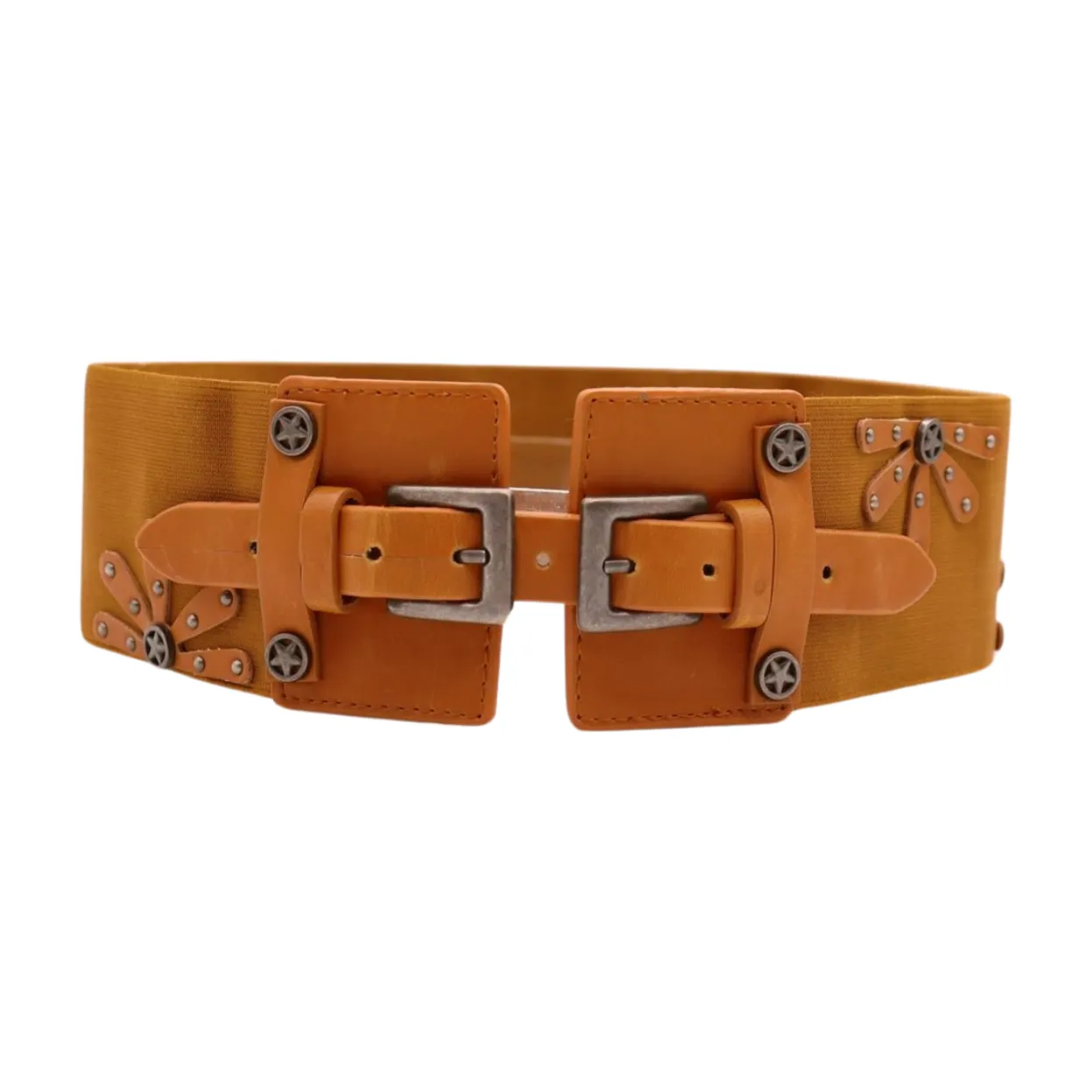 New Women Brown Elastic Wide Band Western Fashion Belt Texas Lone Star Flower Silver Metal Double Buckles S M