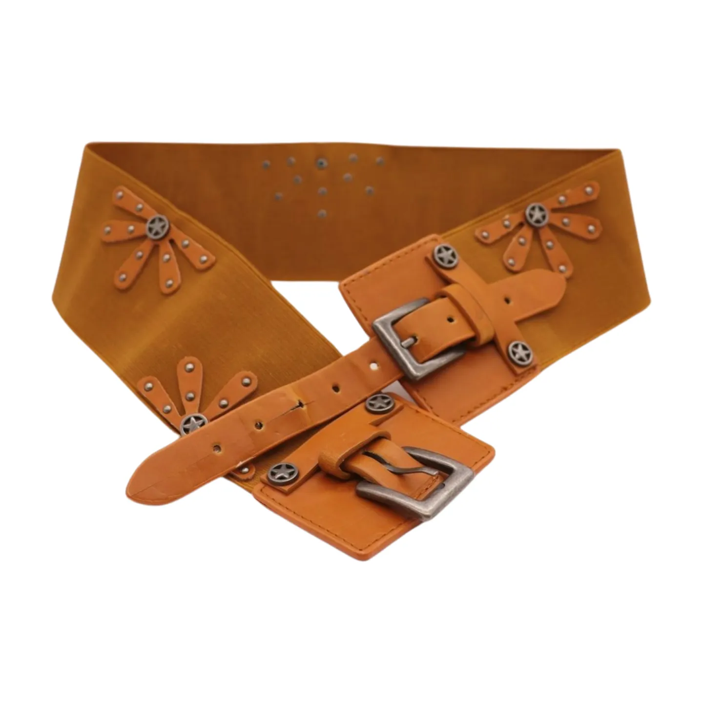 New Women Brown Elastic Wide Band Western Fashion Belt Texas Lone Star Flower Silver Metal Double Buckles S M