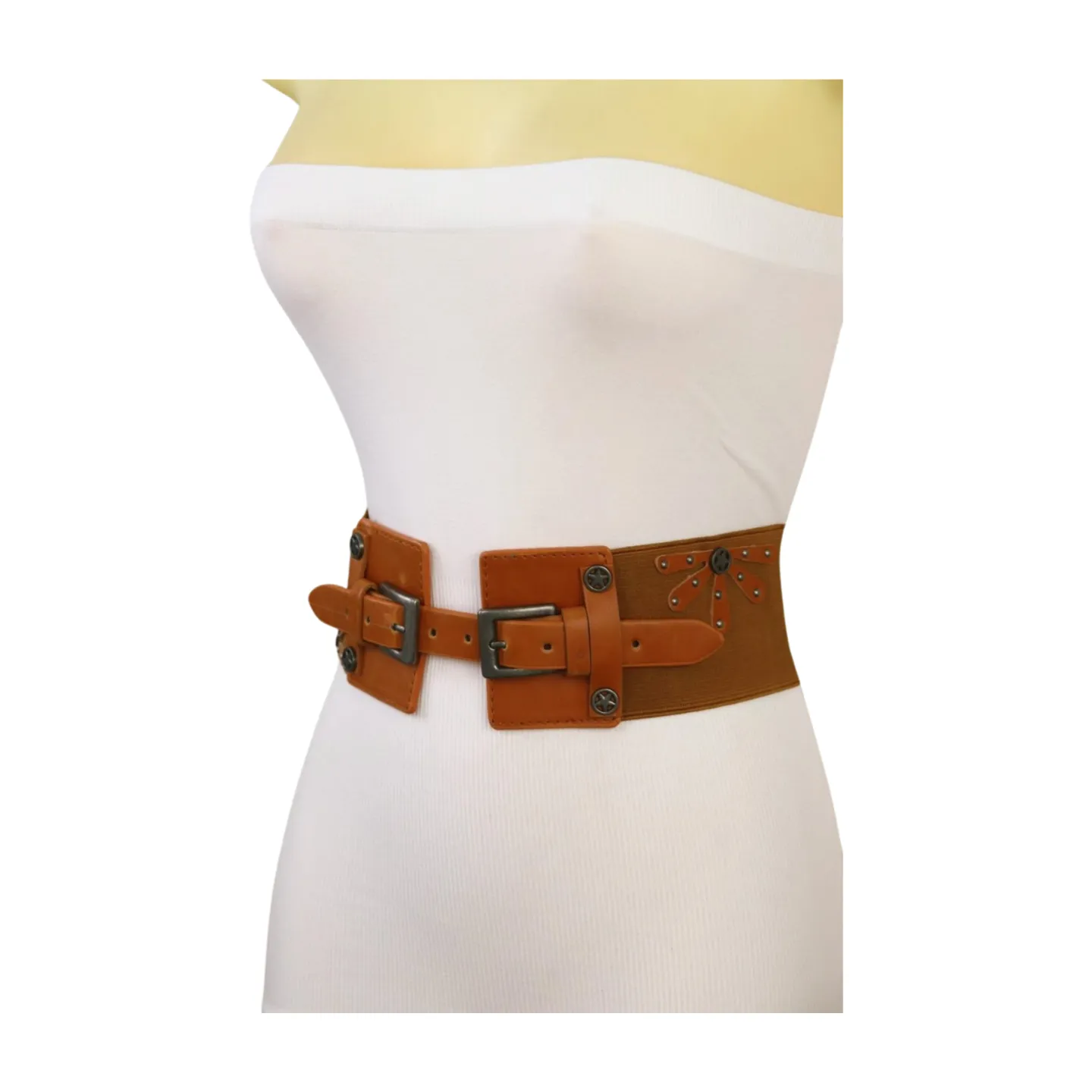 New Women Brown Elastic Wide Band Western Fashion Belt Texas Lone Star Flower Silver Metal Double Buckles S M