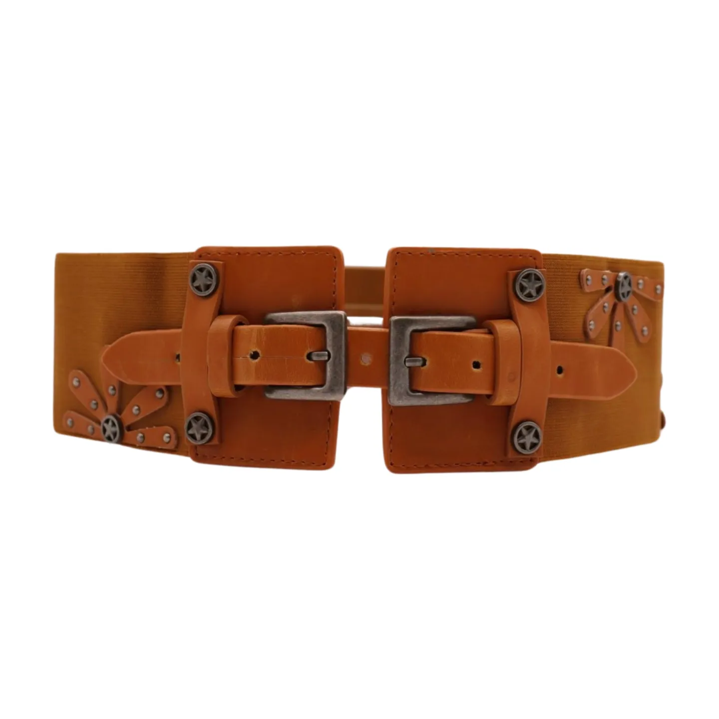 New Women Brown Elastic Wide Band Western Fashion Belt Texas Lone Star Flower Silver Metal Double Buckles S M
