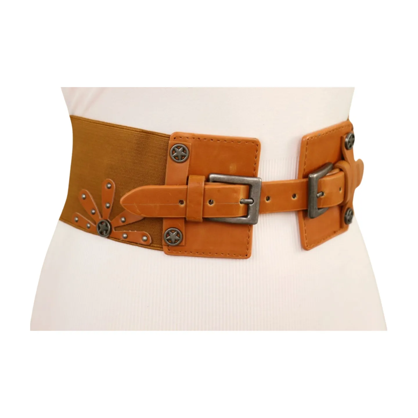 New Women Brown Elastic Wide Band Western Fashion Belt Texas Lone Star Flower Silver Metal Double Buckles S M