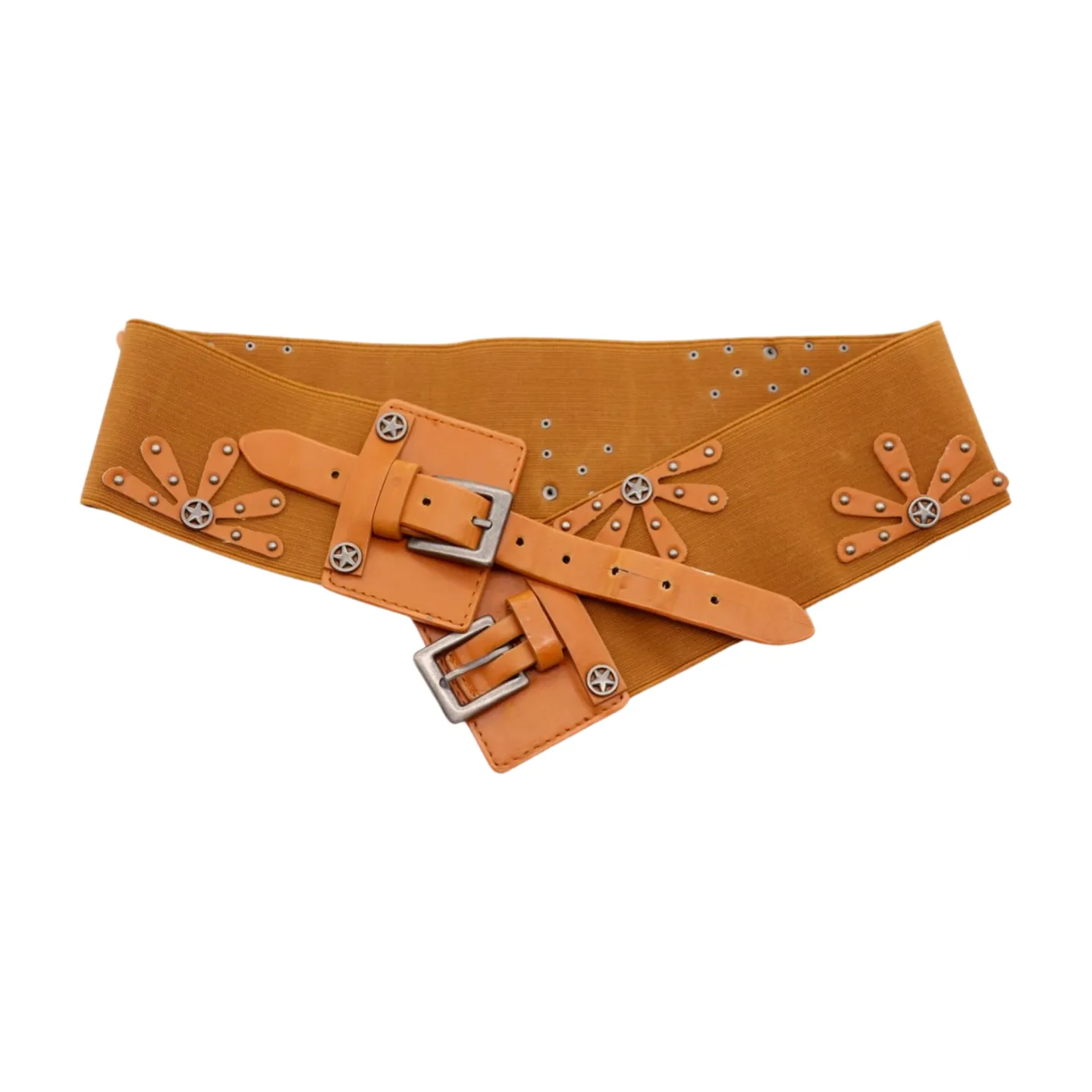 New Women Brown Elastic Wide Band Western Fashion Belt Texas Lone Star Flower Silver Metal Double Buckles S M