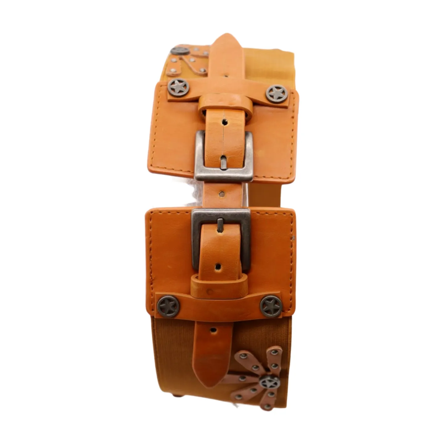 New Women Brown Elastic Wide Band Western Fashion Belt Texas Lone Star Flower Silver Metal Double Buckles S M
