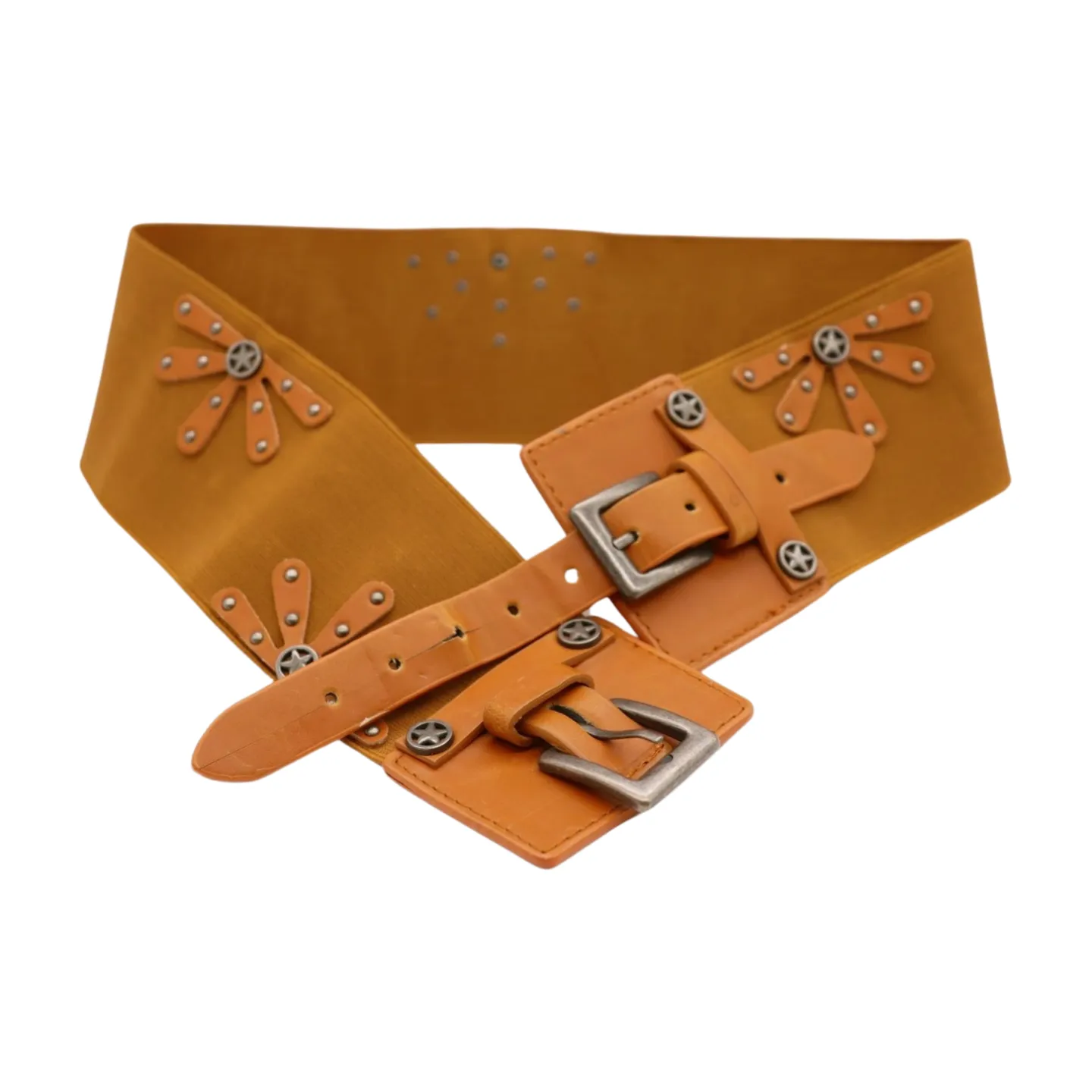 New Women Brown Elastic Wide Band Western Fashion Belt Texas Lone Star Flower Silver Metal Double Buckles S M