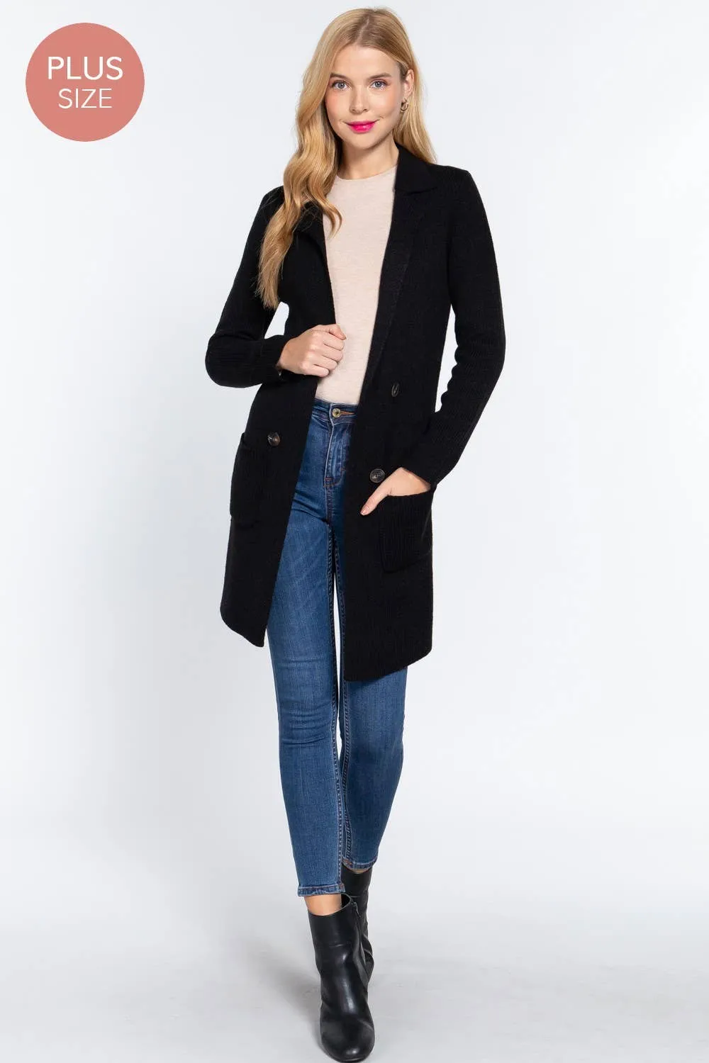 Notched Collar Sweater Jacket -Black