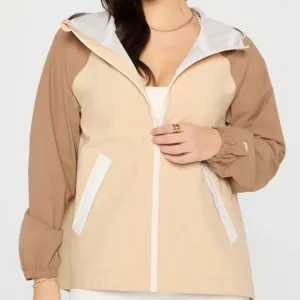 NWT, Fabletics, Downpour Rain Jacket, Champagne/Mocha Latte/Bone, XS