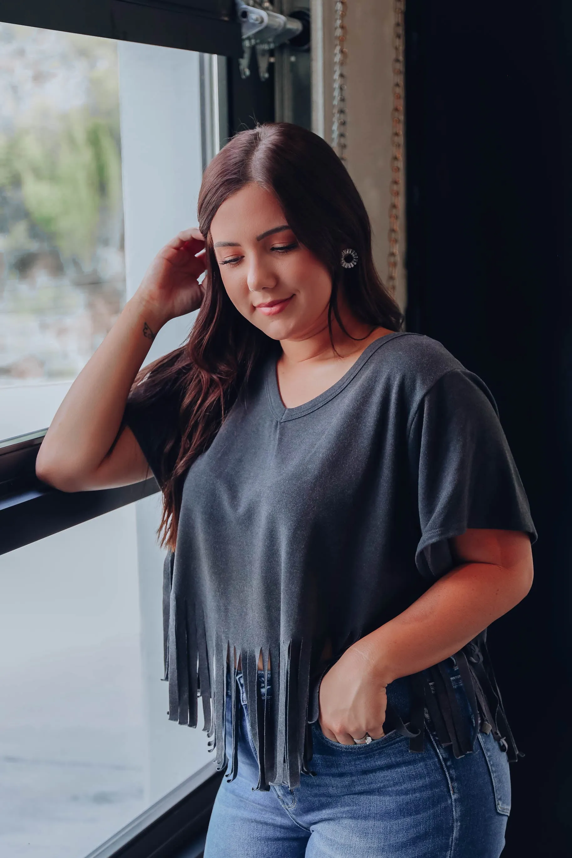 On The Fringe Charcoal Crop Top