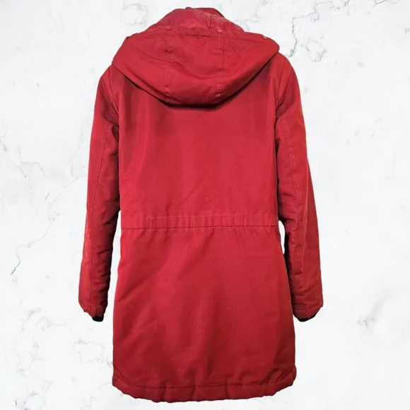 Only Red Button &amp; Zip Front Hooded Fall Winter Parka Coat Jacket