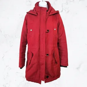 Only Red Button &amp; Zip Front Hooded Fall Winter Parka Coat Jacket