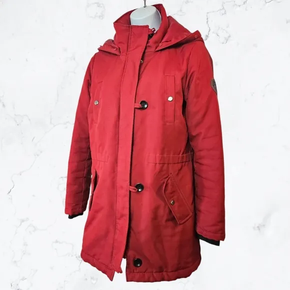Only Red Button &amp; Zip Front Hooded Fall Winter Parka Coat Jacket