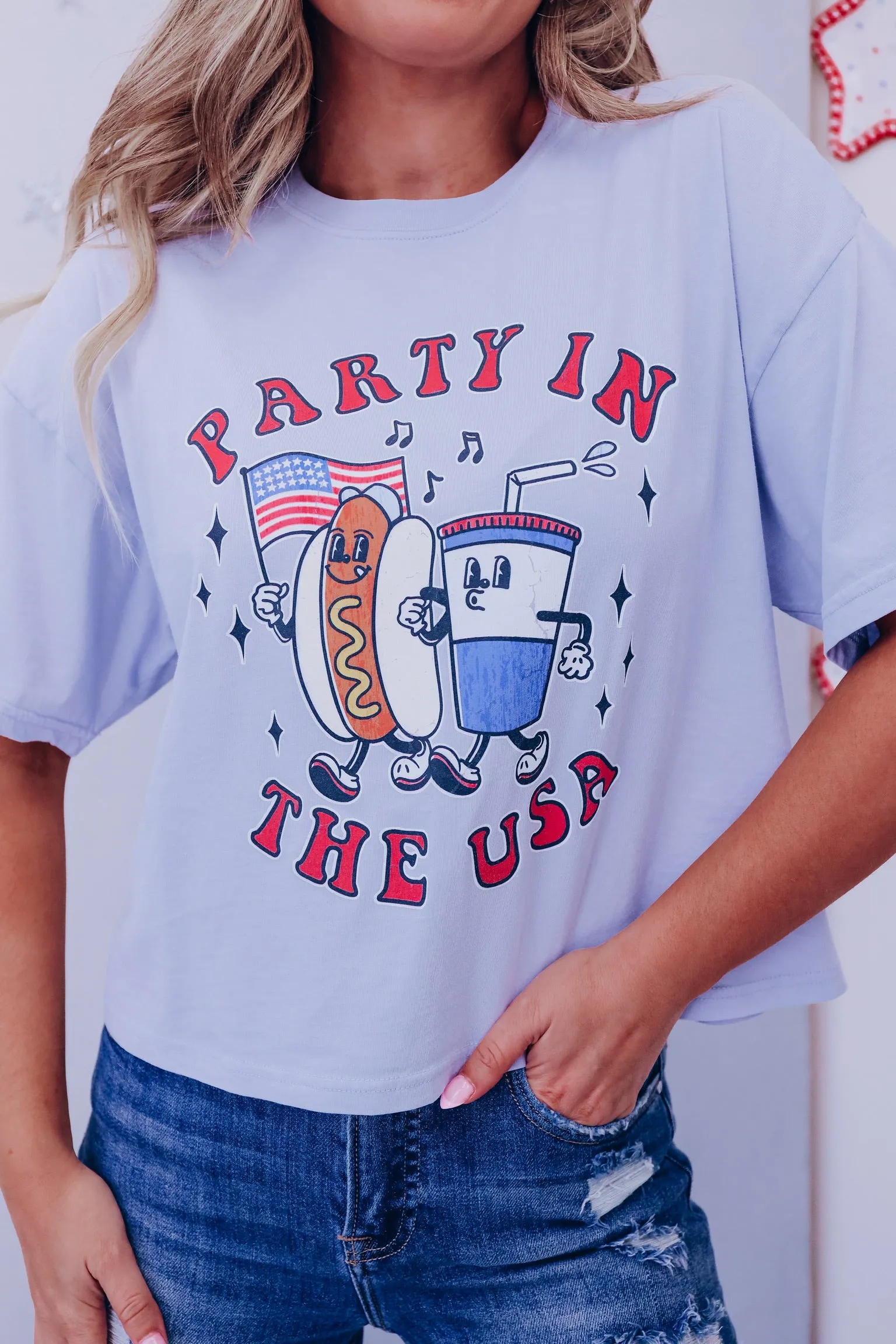 Party In The USA Crop Graphic Tee - Blue