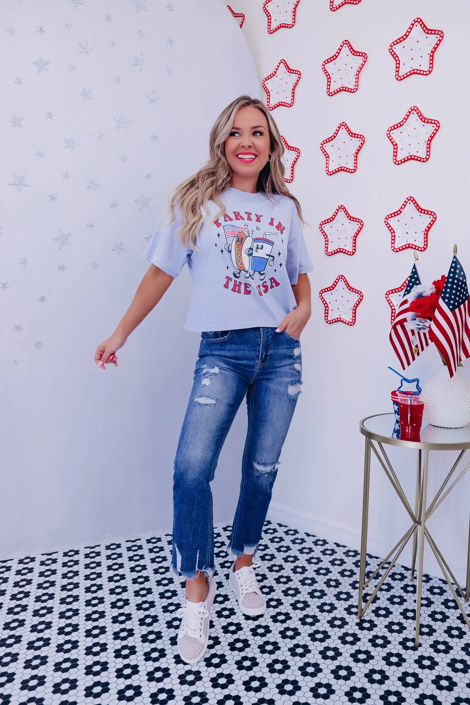 Party In The USA Crop Graphic Tee - Blue
