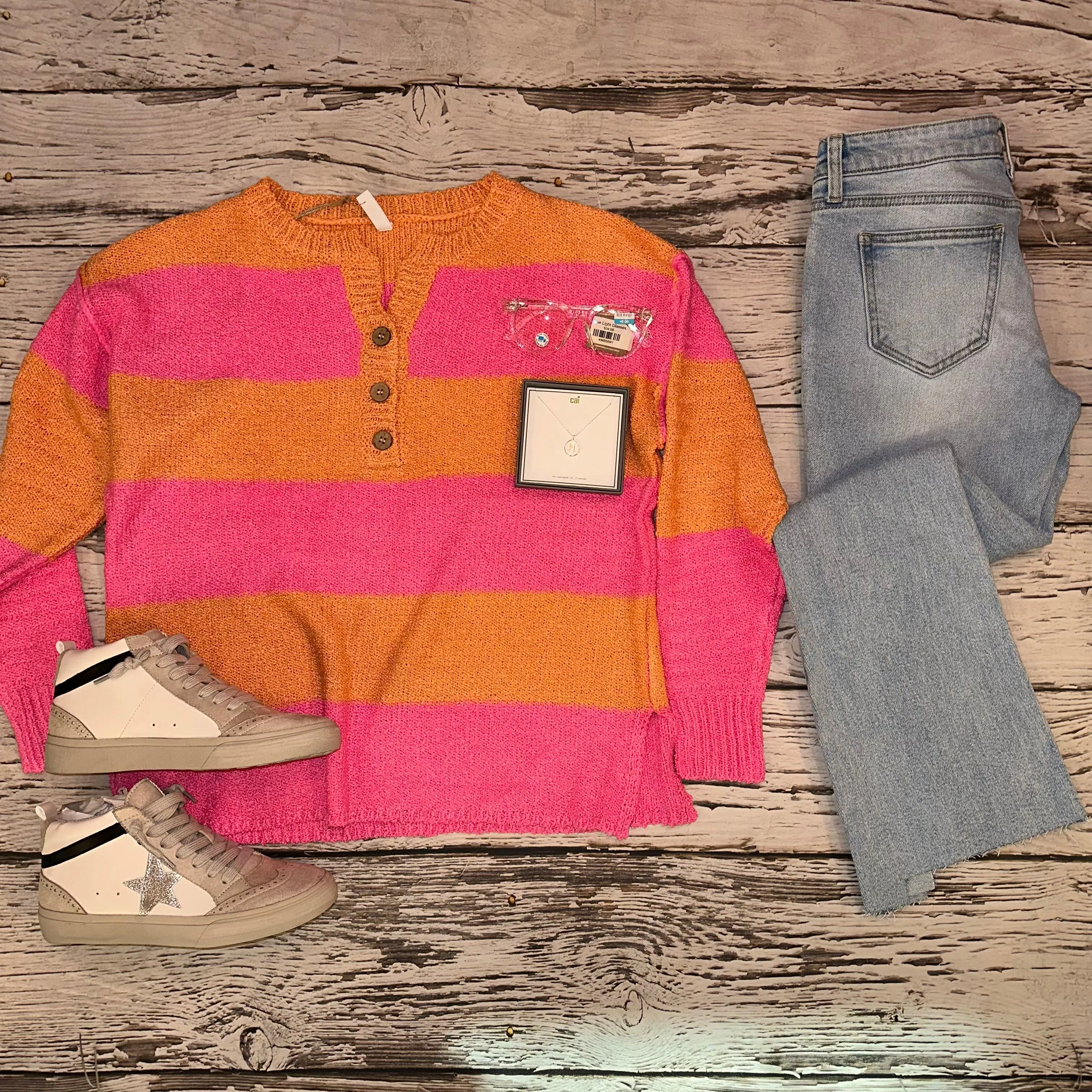 Pink and Orange Striped Sweater