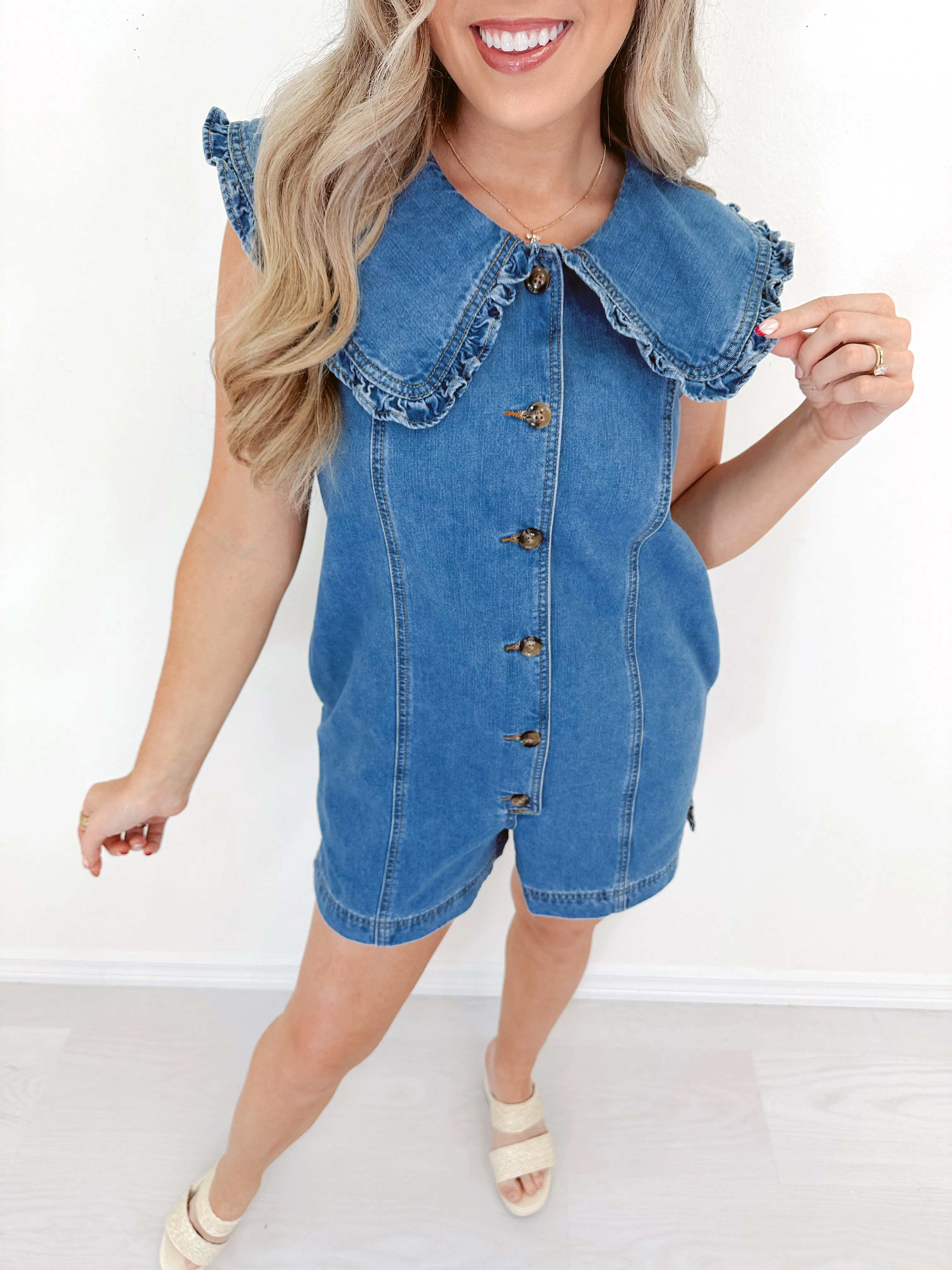 Playfully Poised Collared Denim Romper