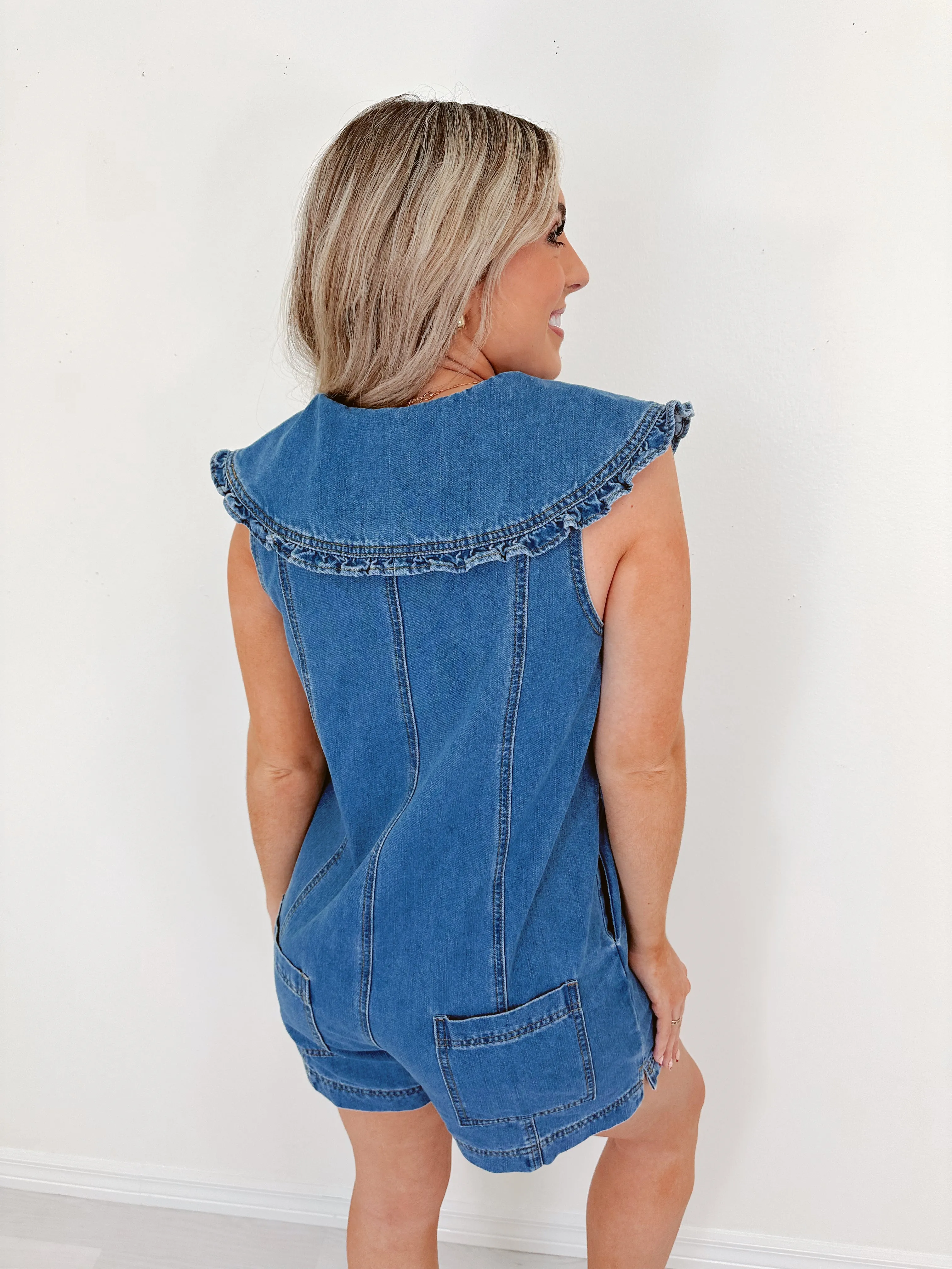 Playfully Poised Collared Denim Romper