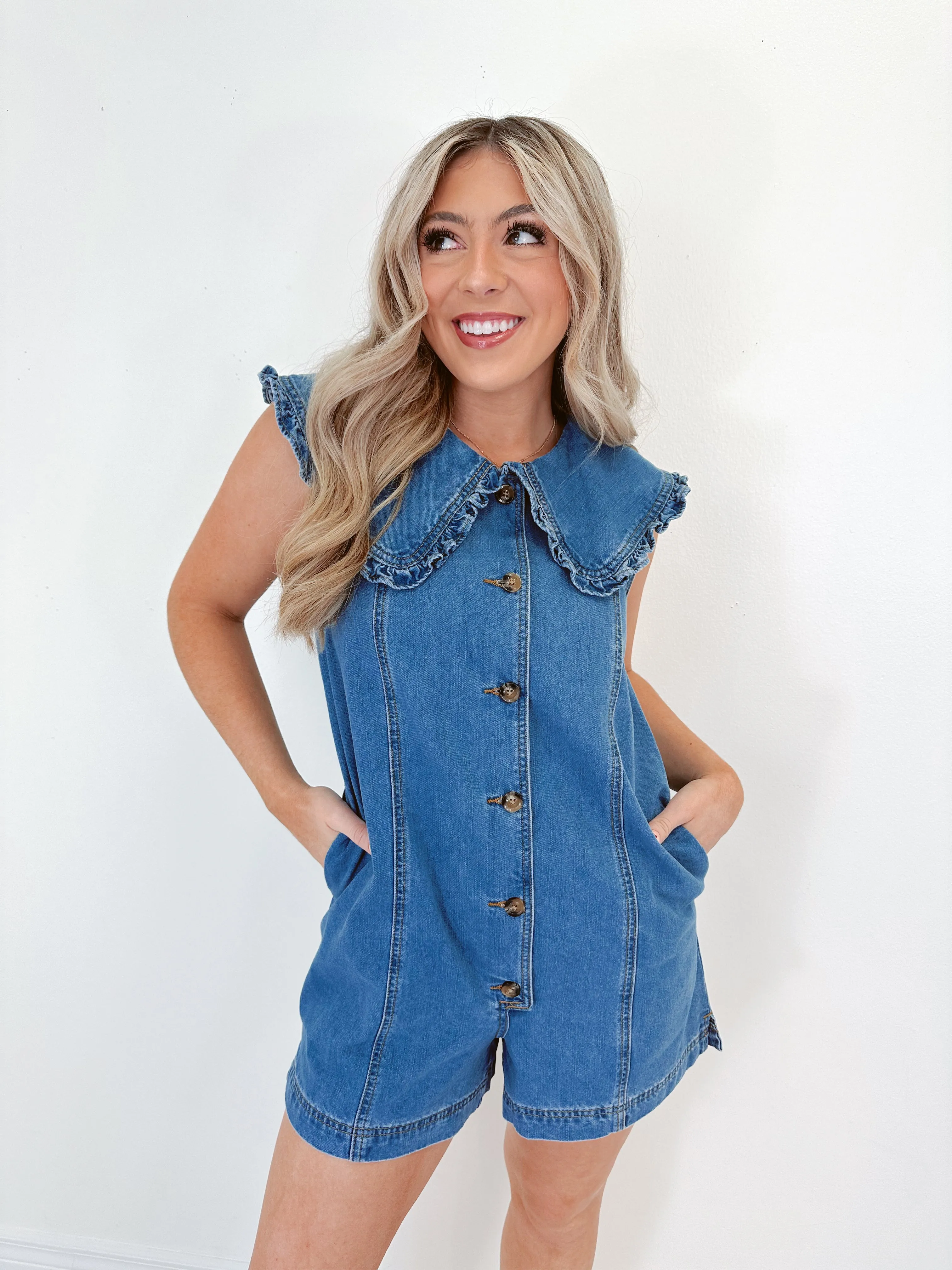 Playfully Poised Collared Denim Romper
