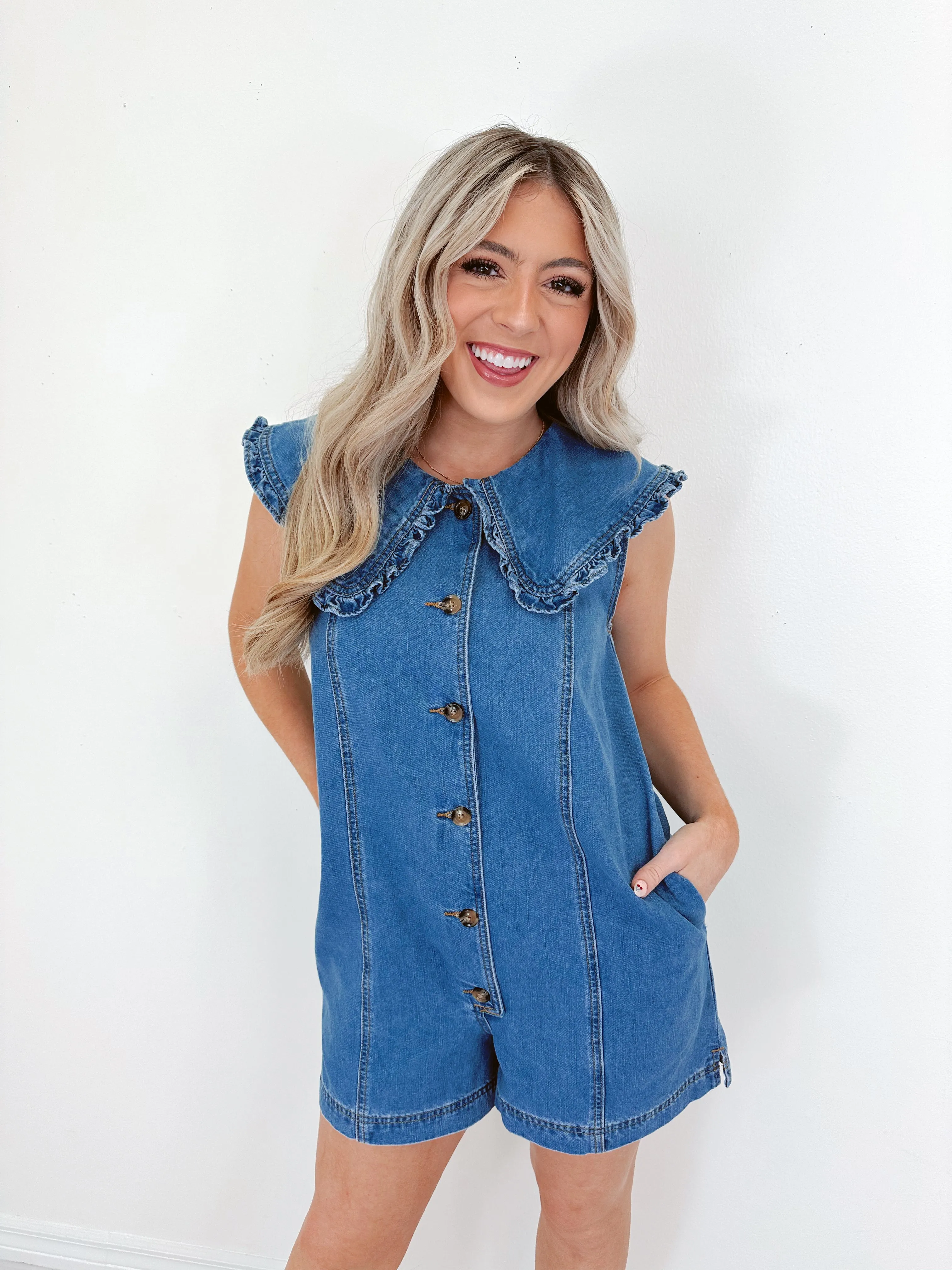 Playfully Poised Collared Denim Romper