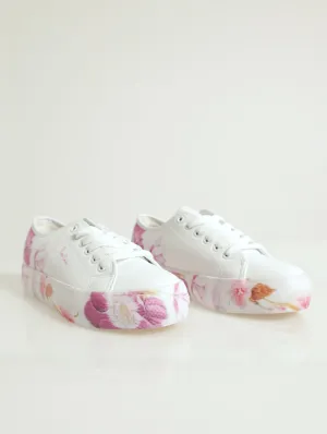 Print Detail Pu Lace Up Platform Sneaker - White/Pink