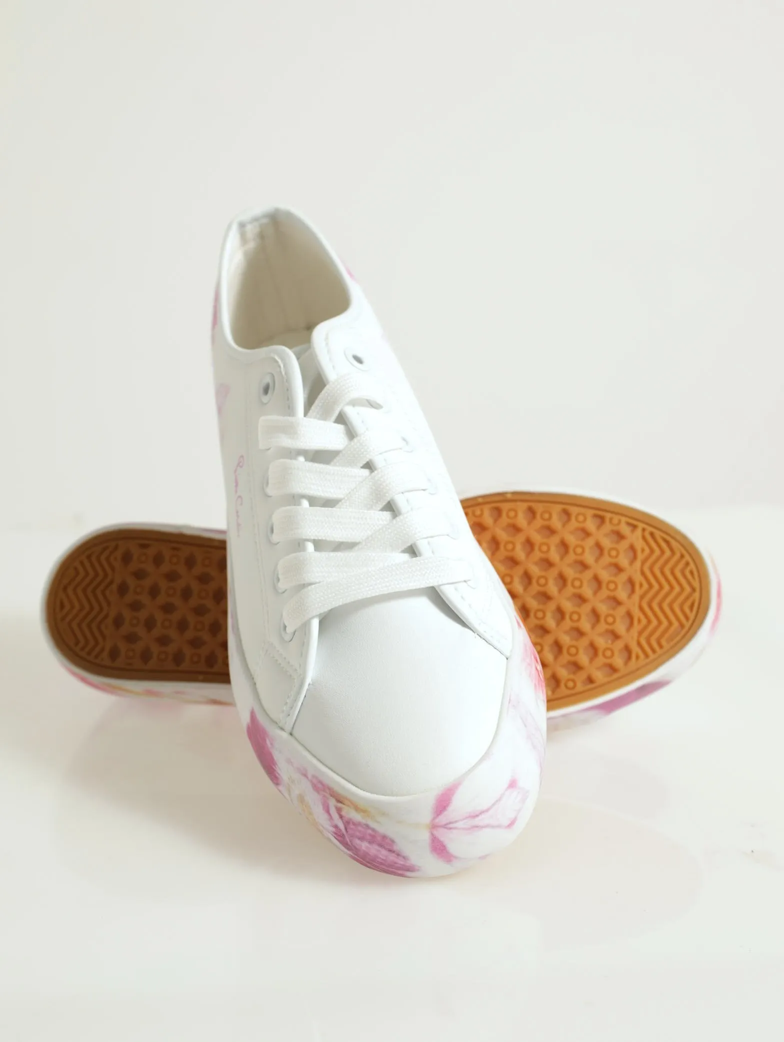 Print Detail Pu Lace Up Platform Sneaker - White/Pink