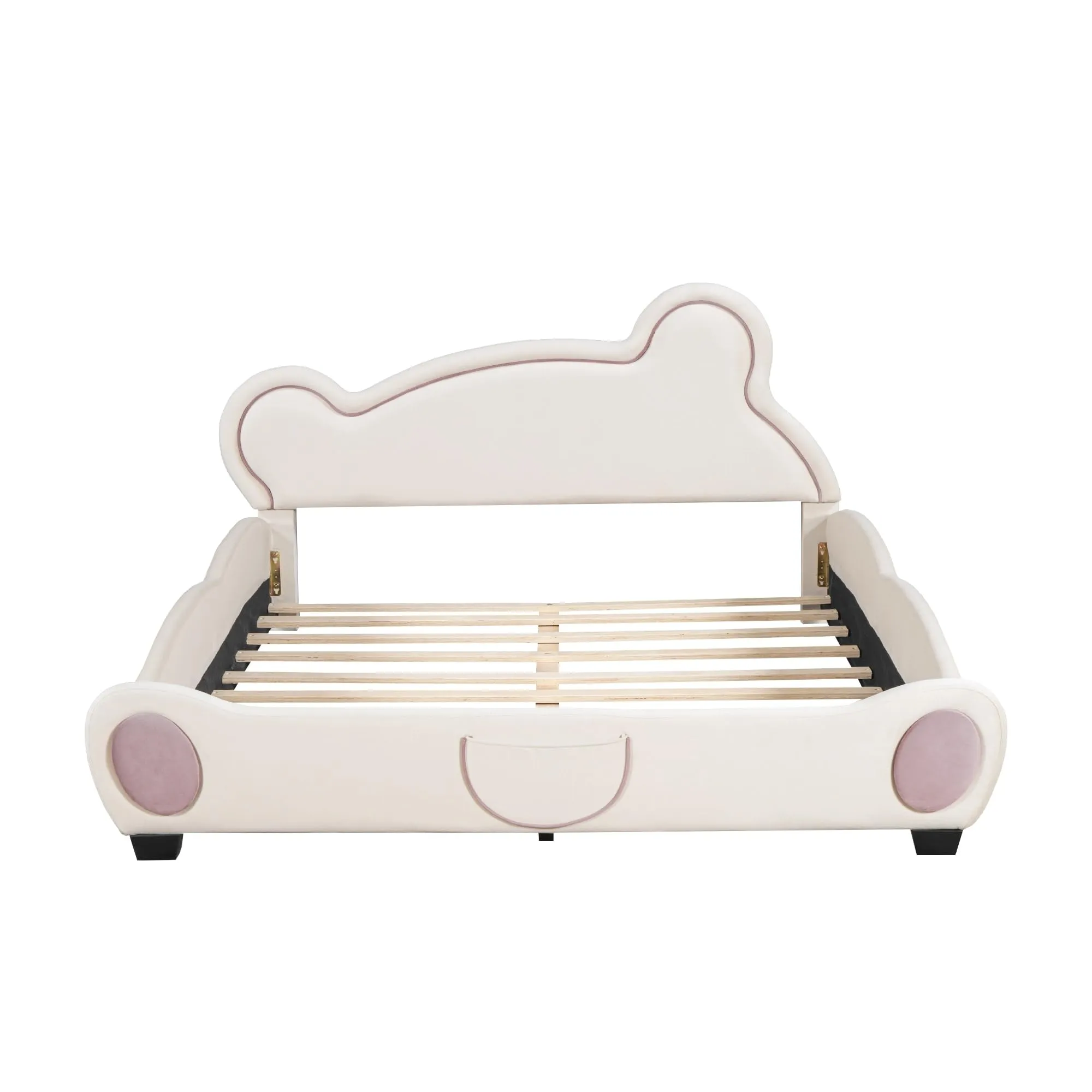 Queen Size Kids Upholstered Bed Bear-Shaped Frame Beige Mission Modern