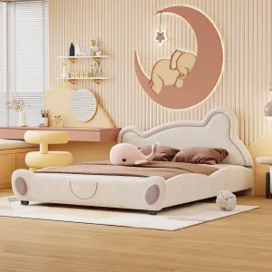 Queen Size Kids Upholstered Bed Bear-Shaped Frame Beige Mission Modern