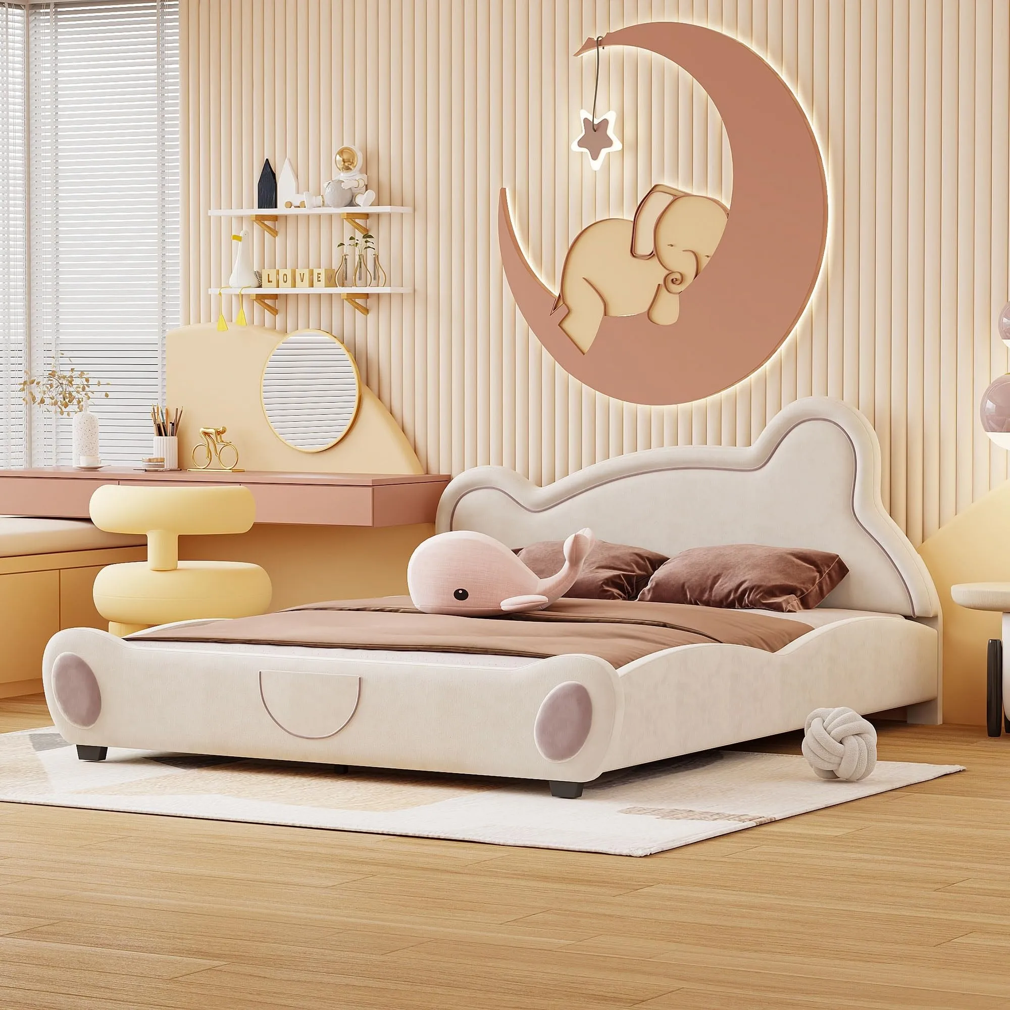Queen Size Kids Upholstered Bed Bear-Shaped Frame Beige Mission Modern