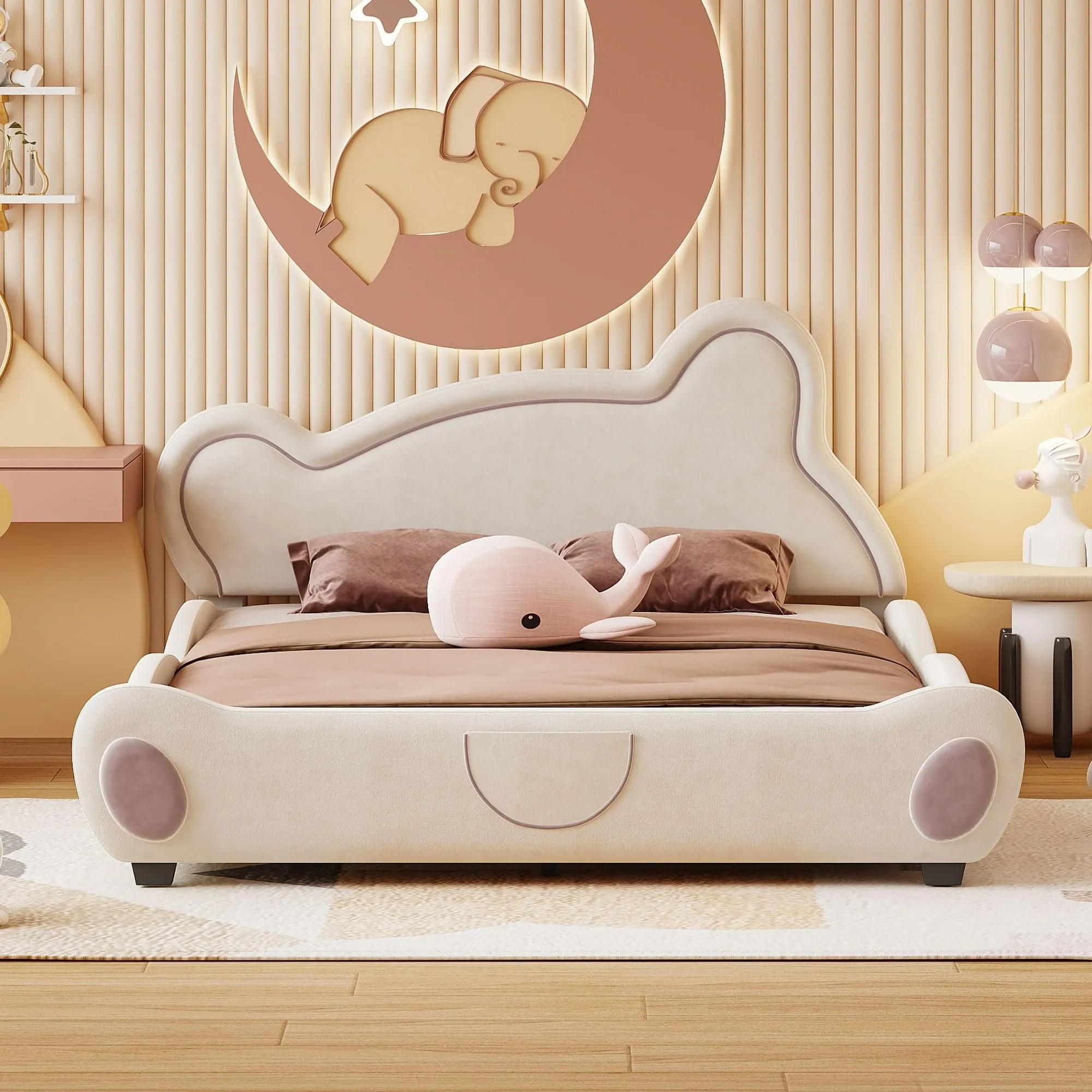 Queen Size Kids Upholstered Bed Bear-Shaped Frame Beige Mission Modern