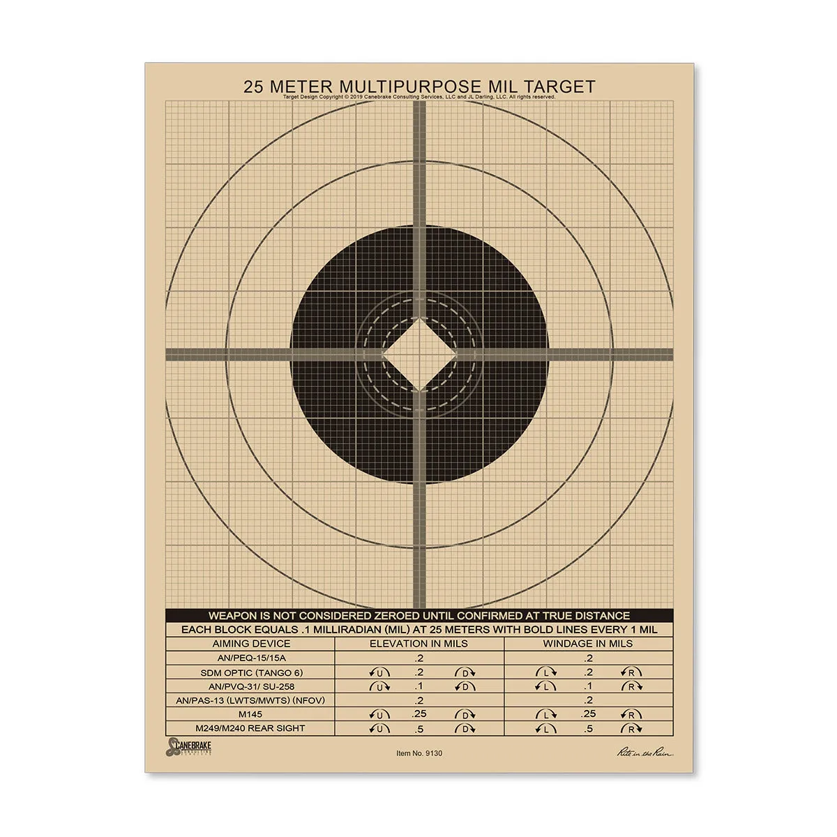 Rite in the Rain All-Weather 25M True MIL Grid Multipurpose Target 100 Sheet