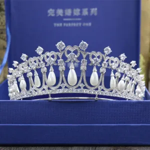 Royal Luxury Pearl Zircon Crown Tiara Bridal Wedding Hair Jewelry